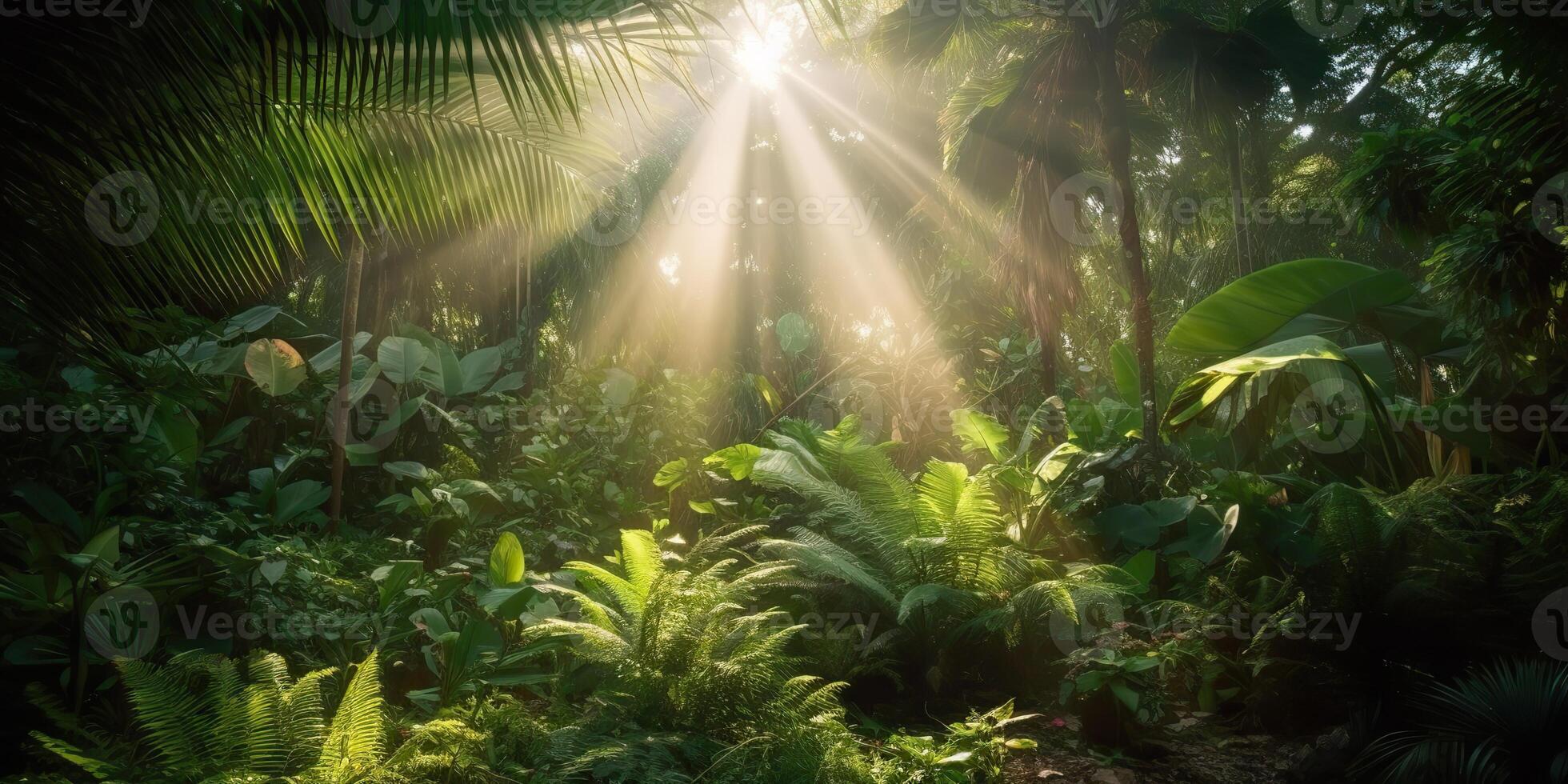 Tropical rain jungle deep forest with beab ray light shining. Nature outdoor adventure vibe scene background view photo