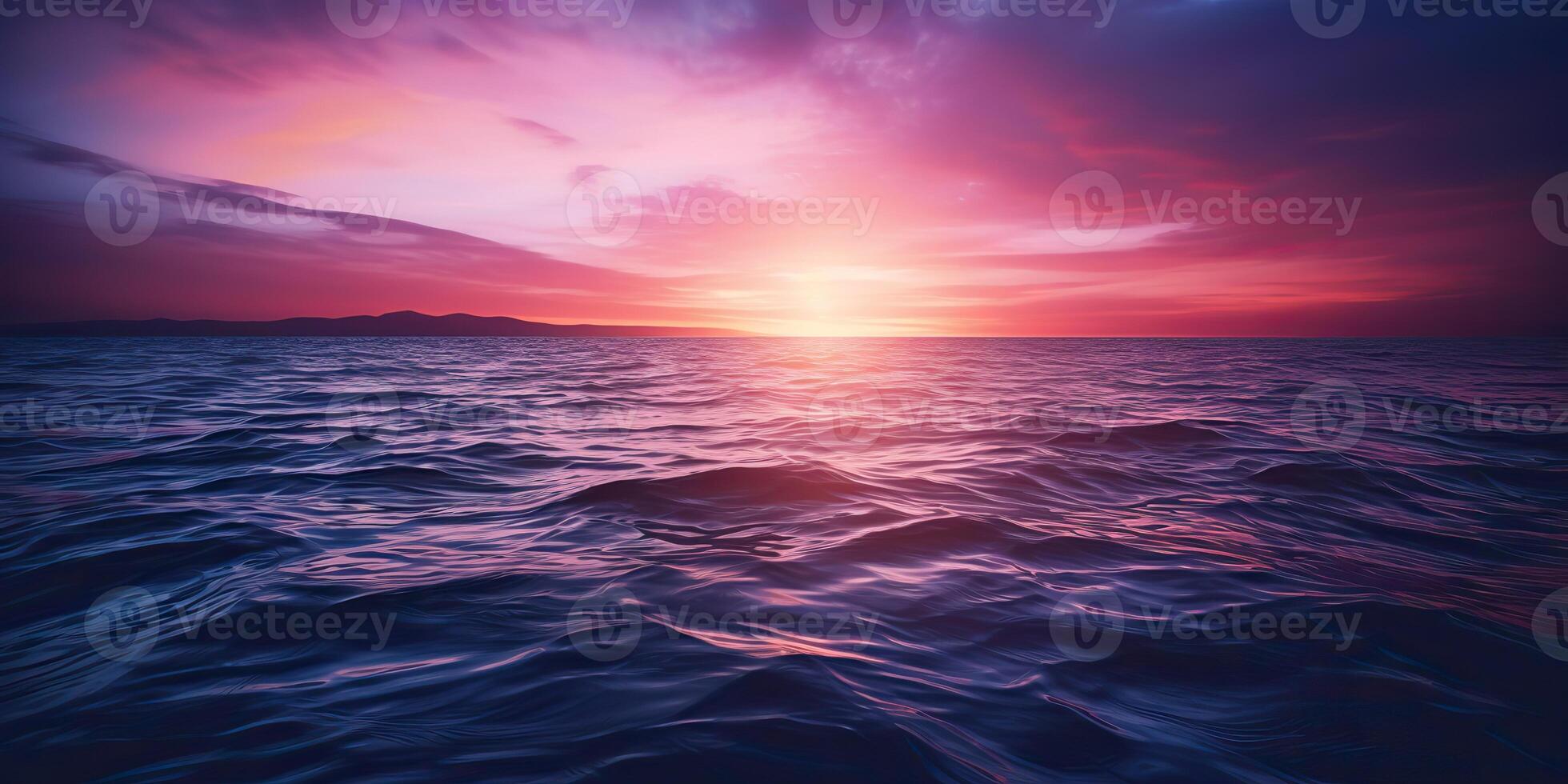 Nature outdoor sunset over lake sea with mountains hills landscape bacgkround, Pink blur out of focus view photo