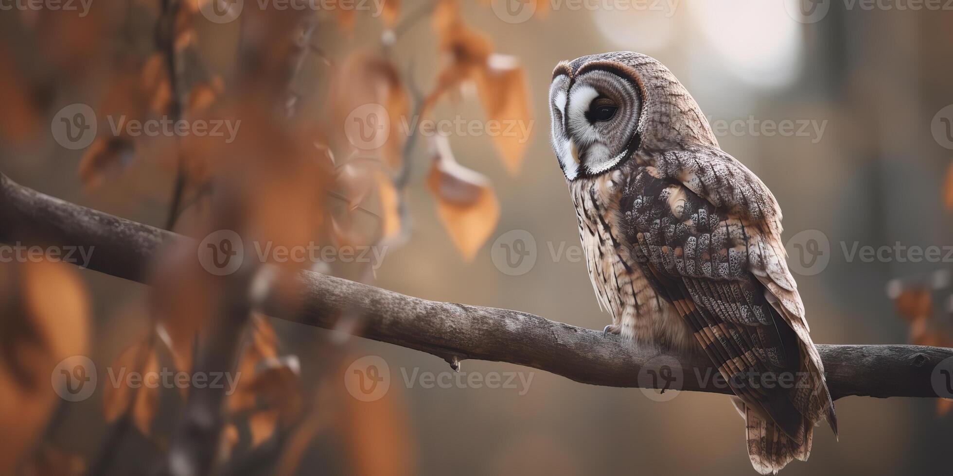 Owl bird sitting on a banch tree. Wil life nature outdoor forest background landscape scene photo