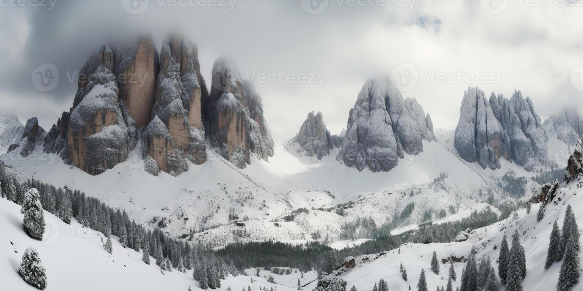 Cloud day rock hill mountain rock peak with snow at winter. Adventure expedition travel hiking scene view photo