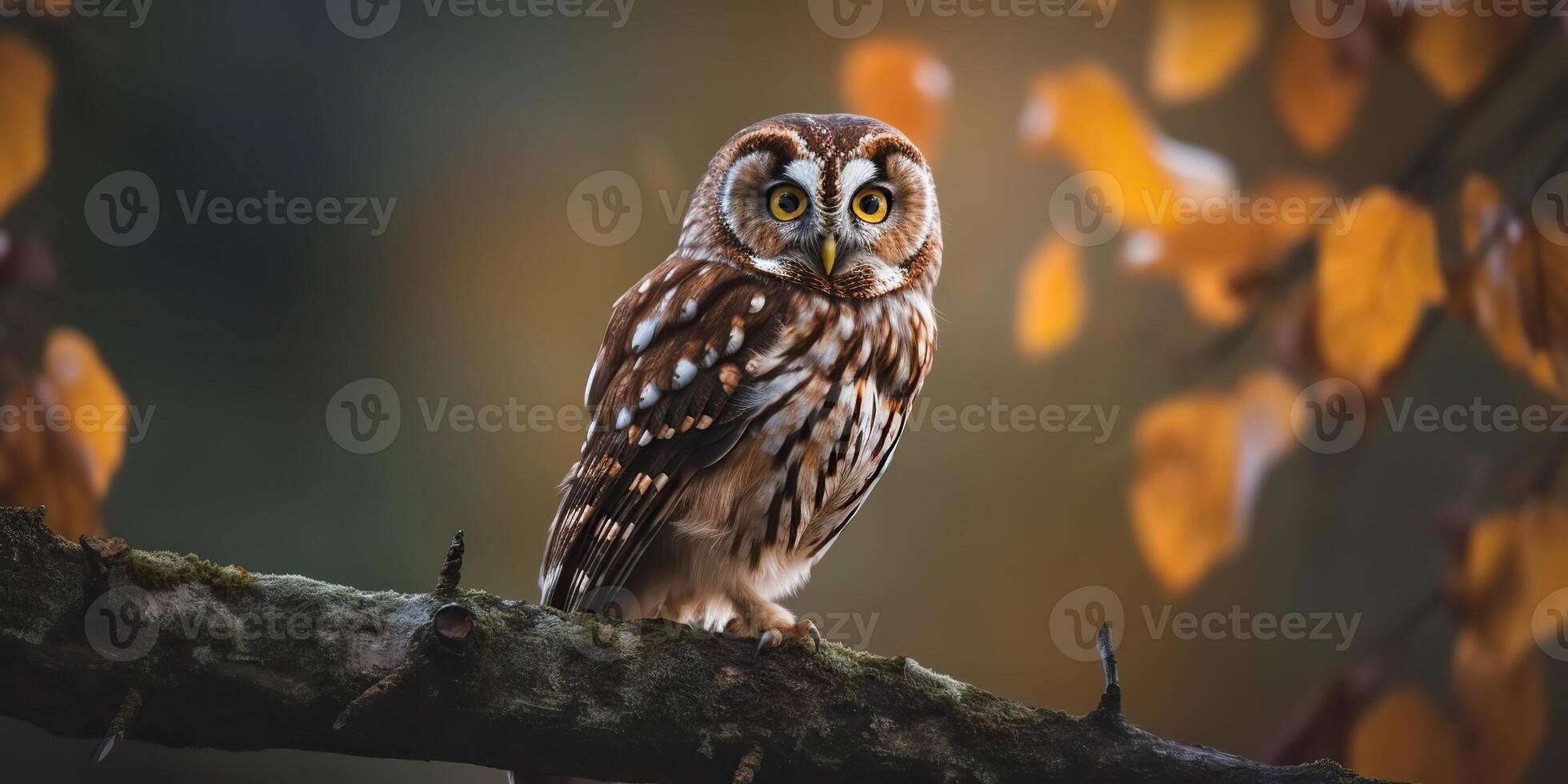 Owl bird sitting on a banch tree. Wil life nature outdoor forest background landscape scene photo