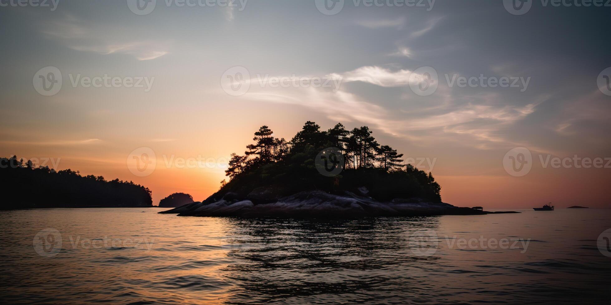 Island in the middle of the sea ocean lake with many trees. Relaxing sunset background scene view photo