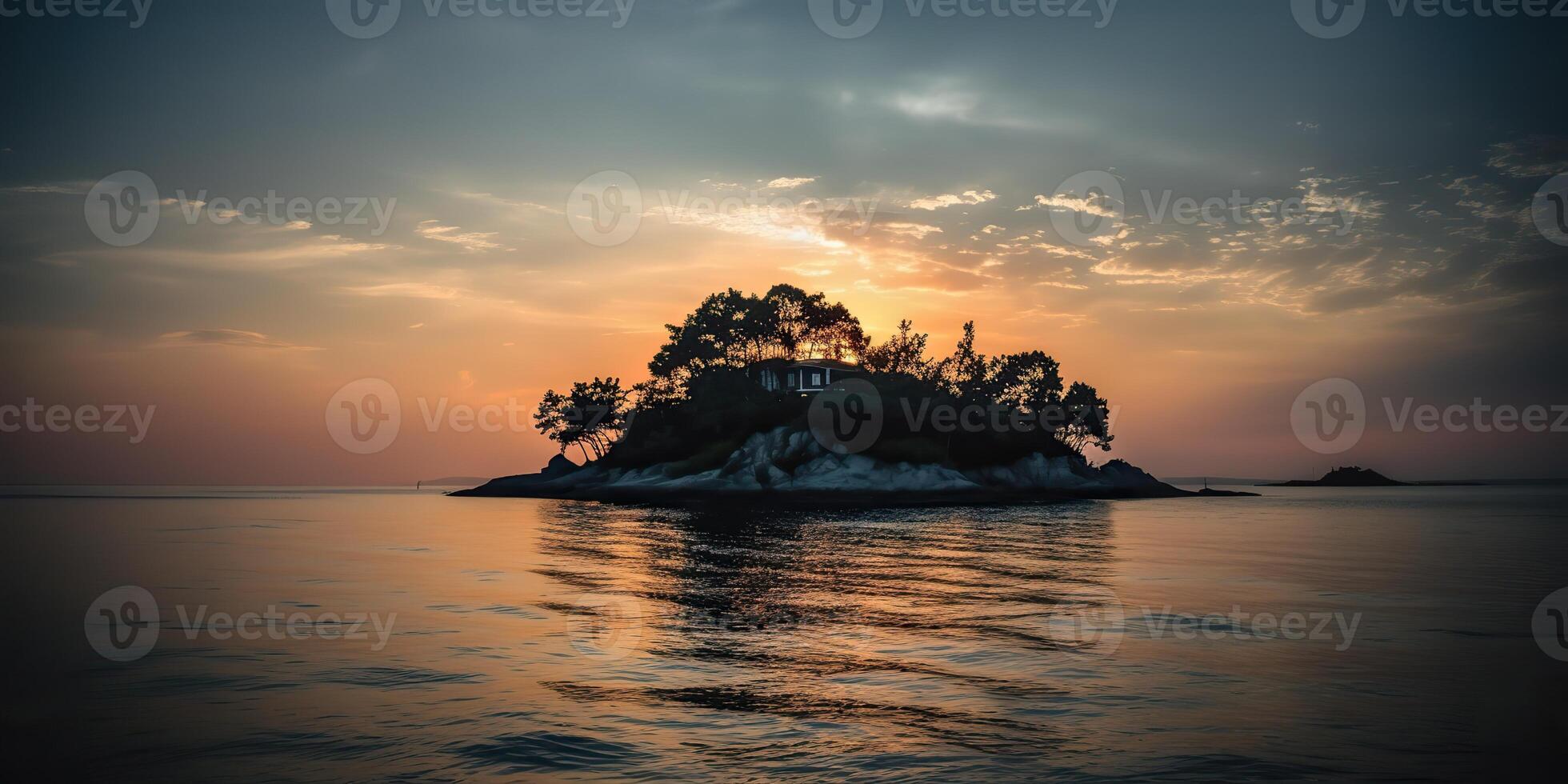 Island in the middle of the sea ocean lake with many trees. Relaxing sunset background scene view photo