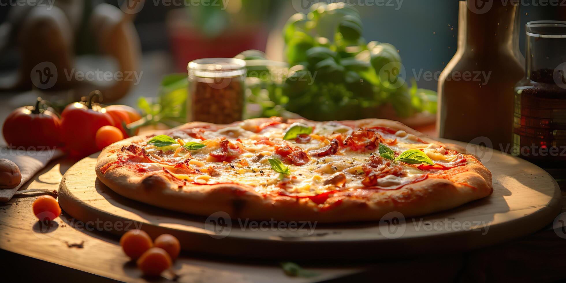 Fresh baked tasty pizza with meat and vegetables and herbs on dinner table. Meal food restaurant background scene photo