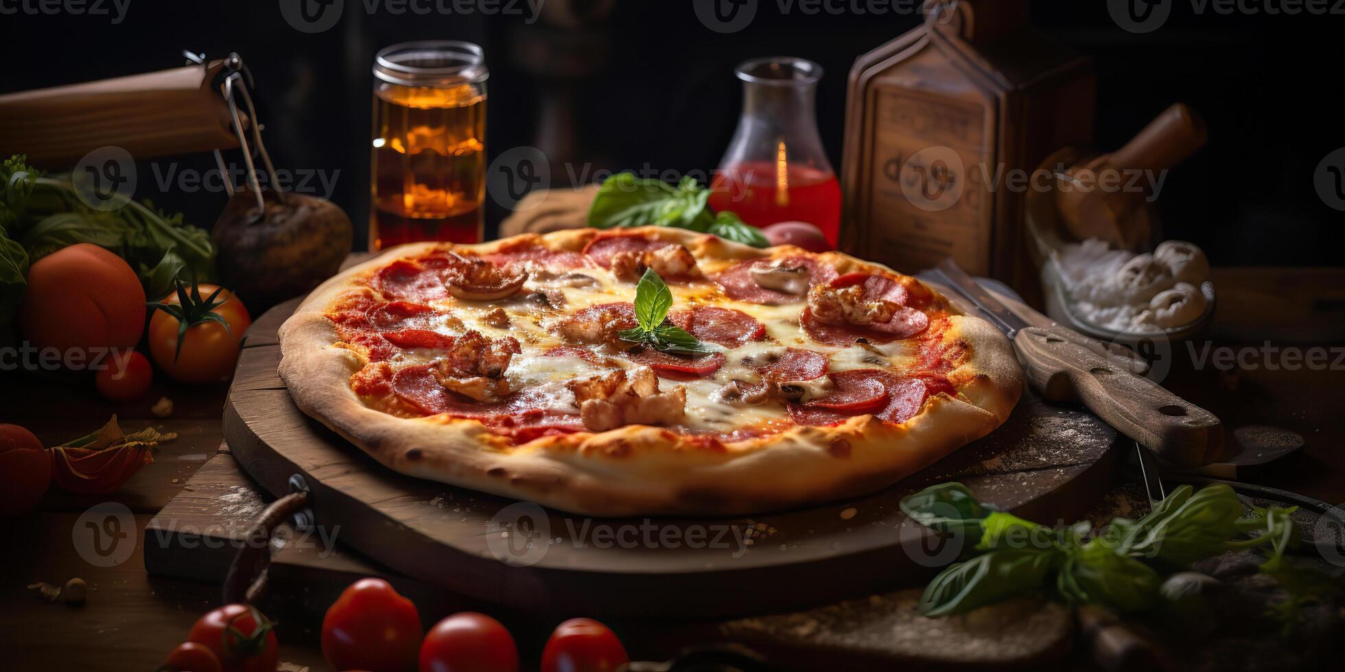 Fresh baked tasty pizza with meat and vegetables and herbs on dinner table. Meal food restaurant background scene photo