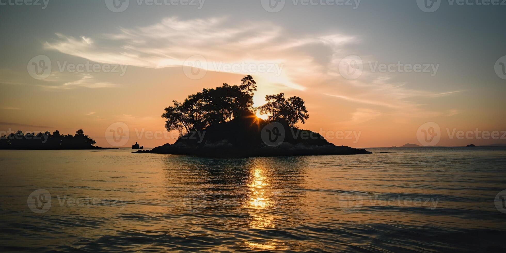 Island in the middle of the sea ocean lake with many trees. Relaxing sunset background scene view photo