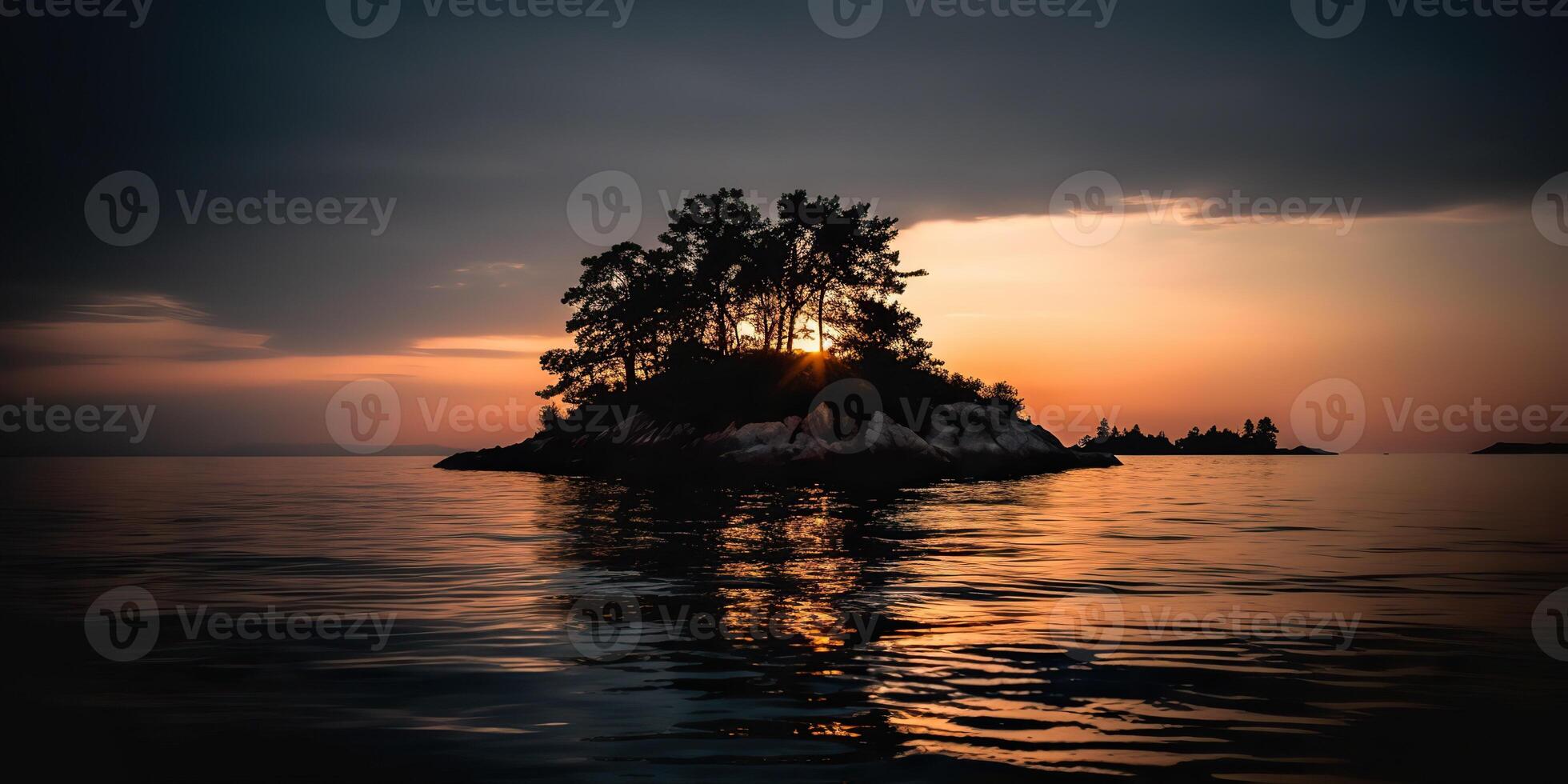 Island in the middle of the sea ocean lake with many trees. Relaxing sunset background scene view photo