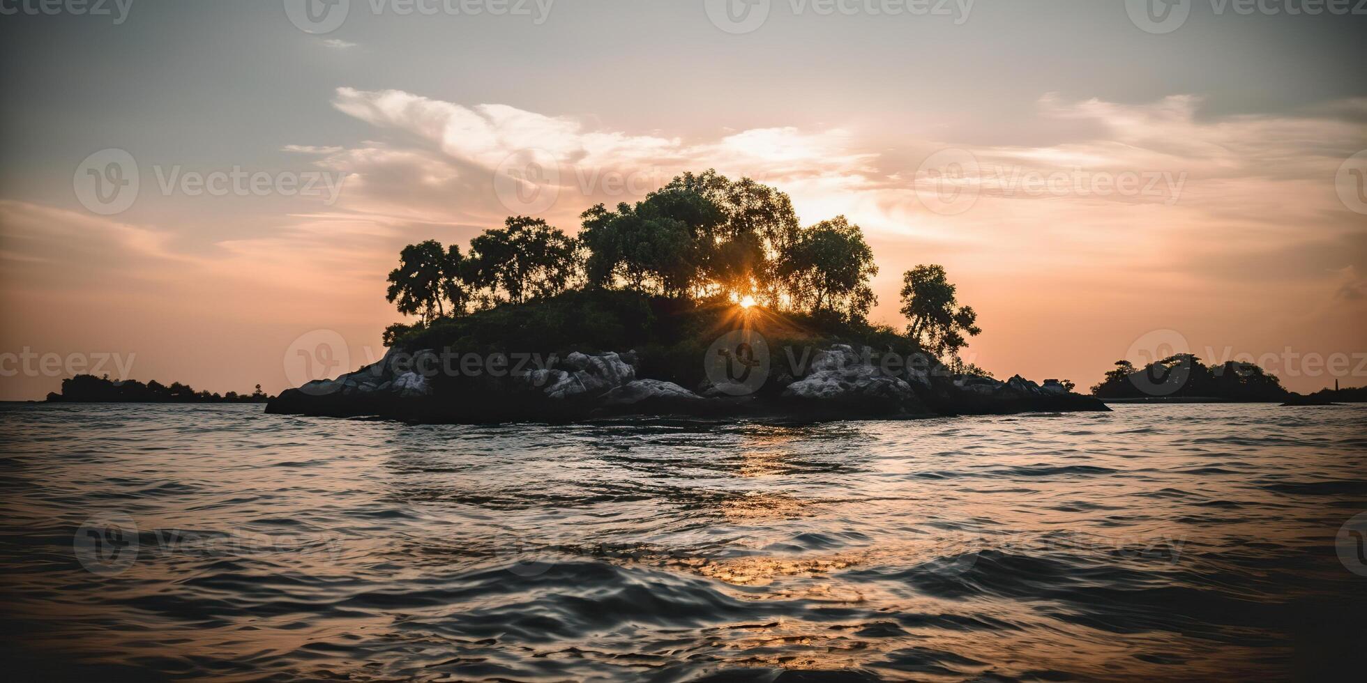 Island in the middle of the sea ocean lake with many trees. Relaxing sunset background scene view photo