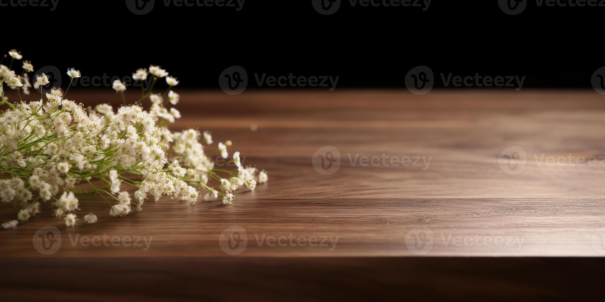 Small white flowers gypsophila on wood table scene. Decorative romantic elegance mock up background photo