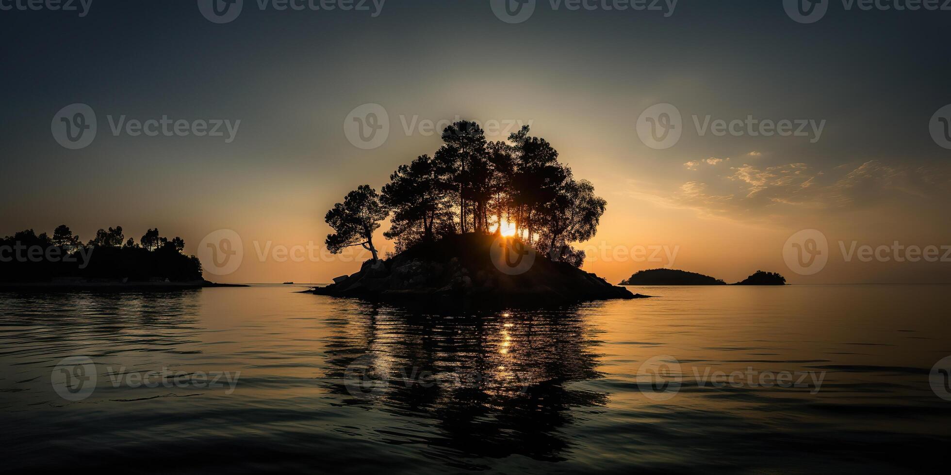 Island in the middle of the sea ocean lake with many trees. Relaxing sunset background scene view photo