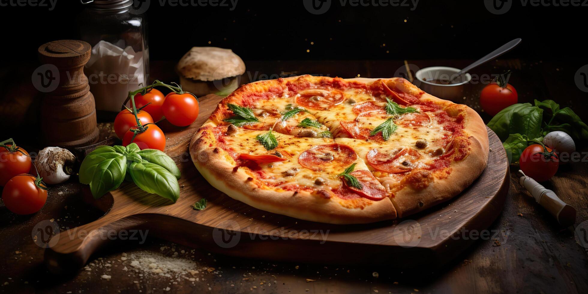 Fresh baked tasty pizza with meat and vegetables and herbs on dinner table. Meal food restaurant background scene photo