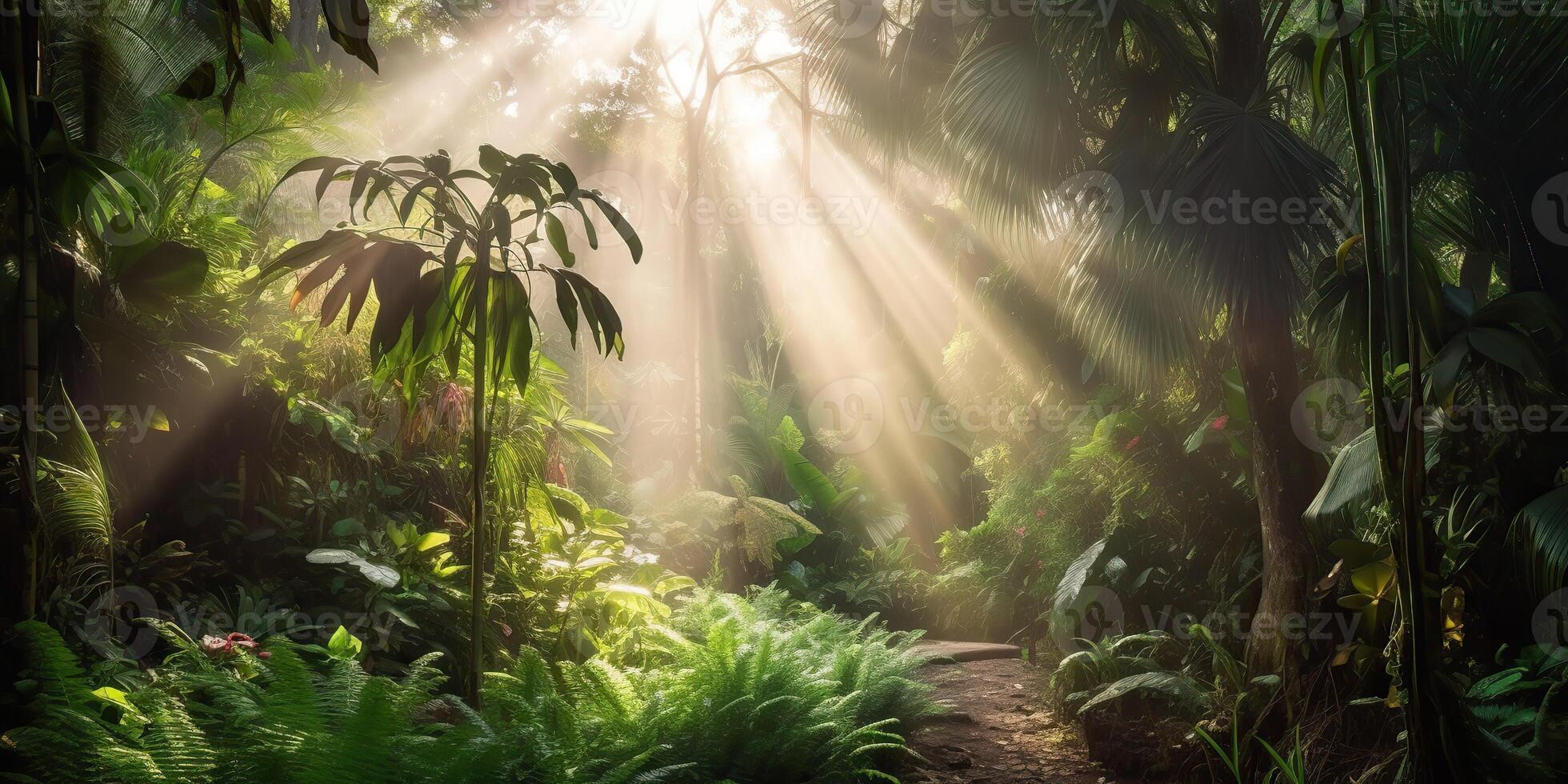 Tropical rain jungle deep forest with beab ray light shining. Nature outdoor adventure vibe scene background view photo