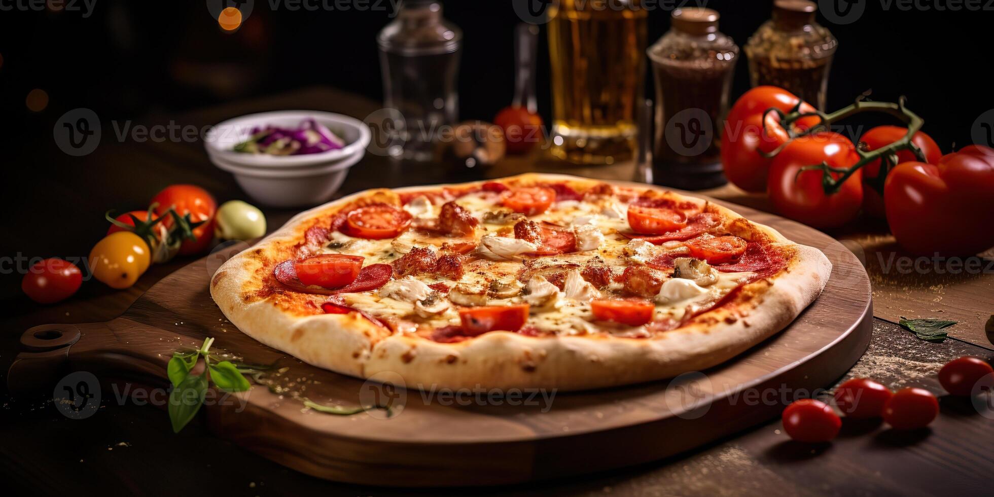 Fresh baked tasty pizza with meat and vegetables and herbs on dinner table. Meal food restaurant background scene photo