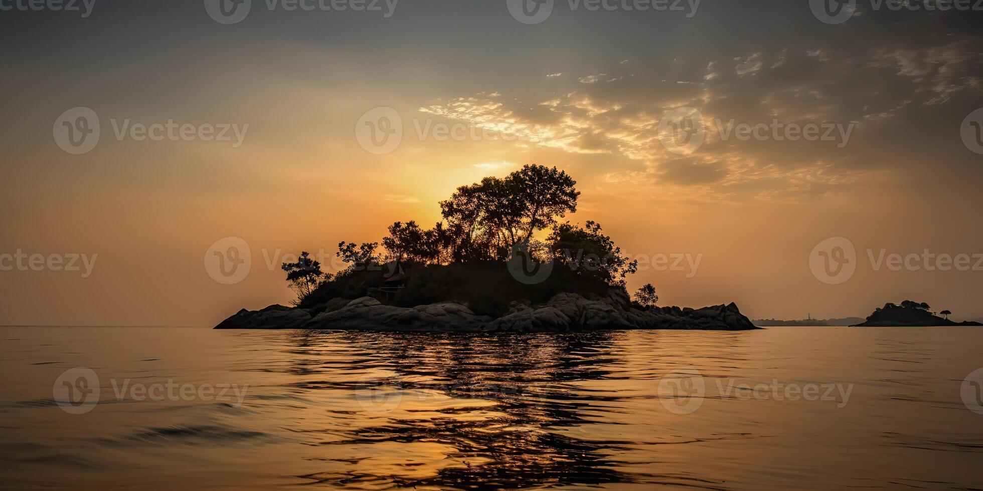 Island in the middle of the sea ocean lake with many trees. Relaxing sunset background scene view photo
