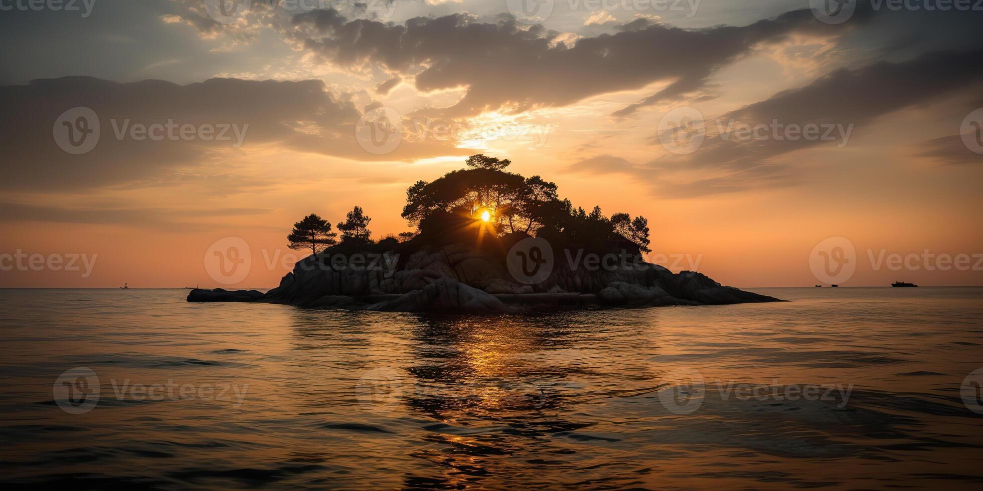 Island in the middle of the sea ocean lake with many trees. Relaxing sunset background scene view photo