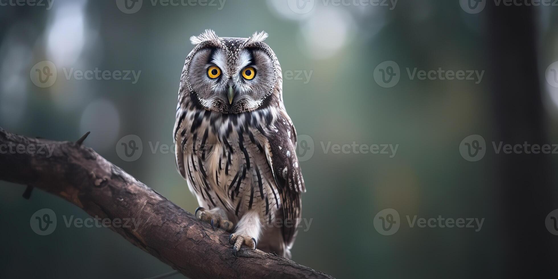 Owl bird sitting on a banch tree. Wil life nature outdoor forest background landscape scene photo