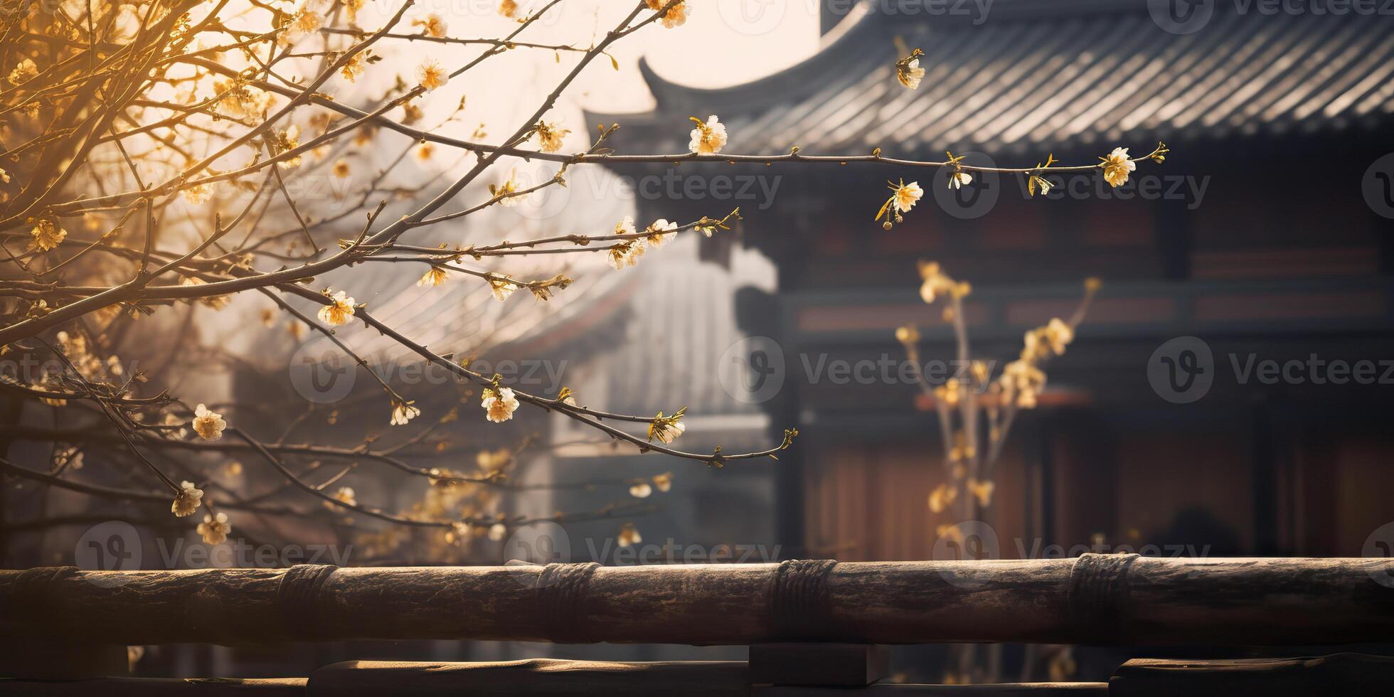 Ancient asian japanese chinese old vintage retro town city building temple with nature tree flowers photo