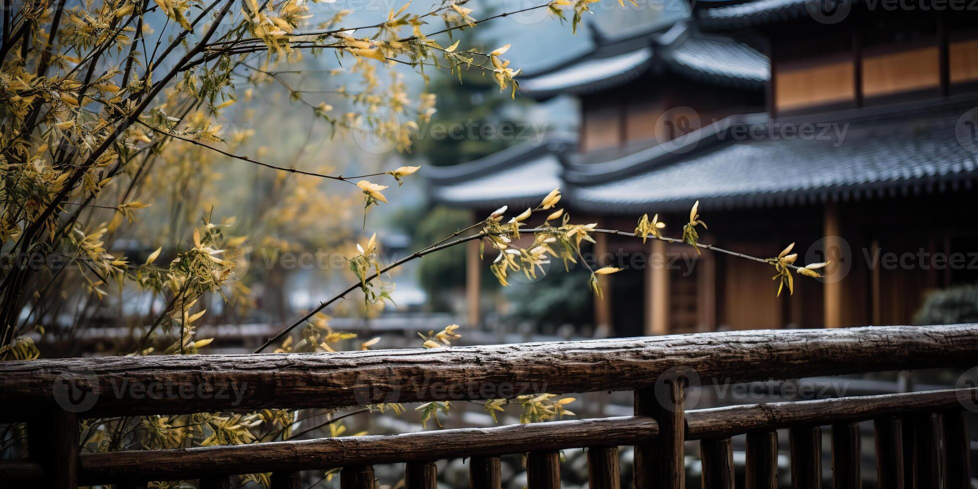 Ancient asian japanese chinese old vintage retro town city building temple with nature tree flowers photo