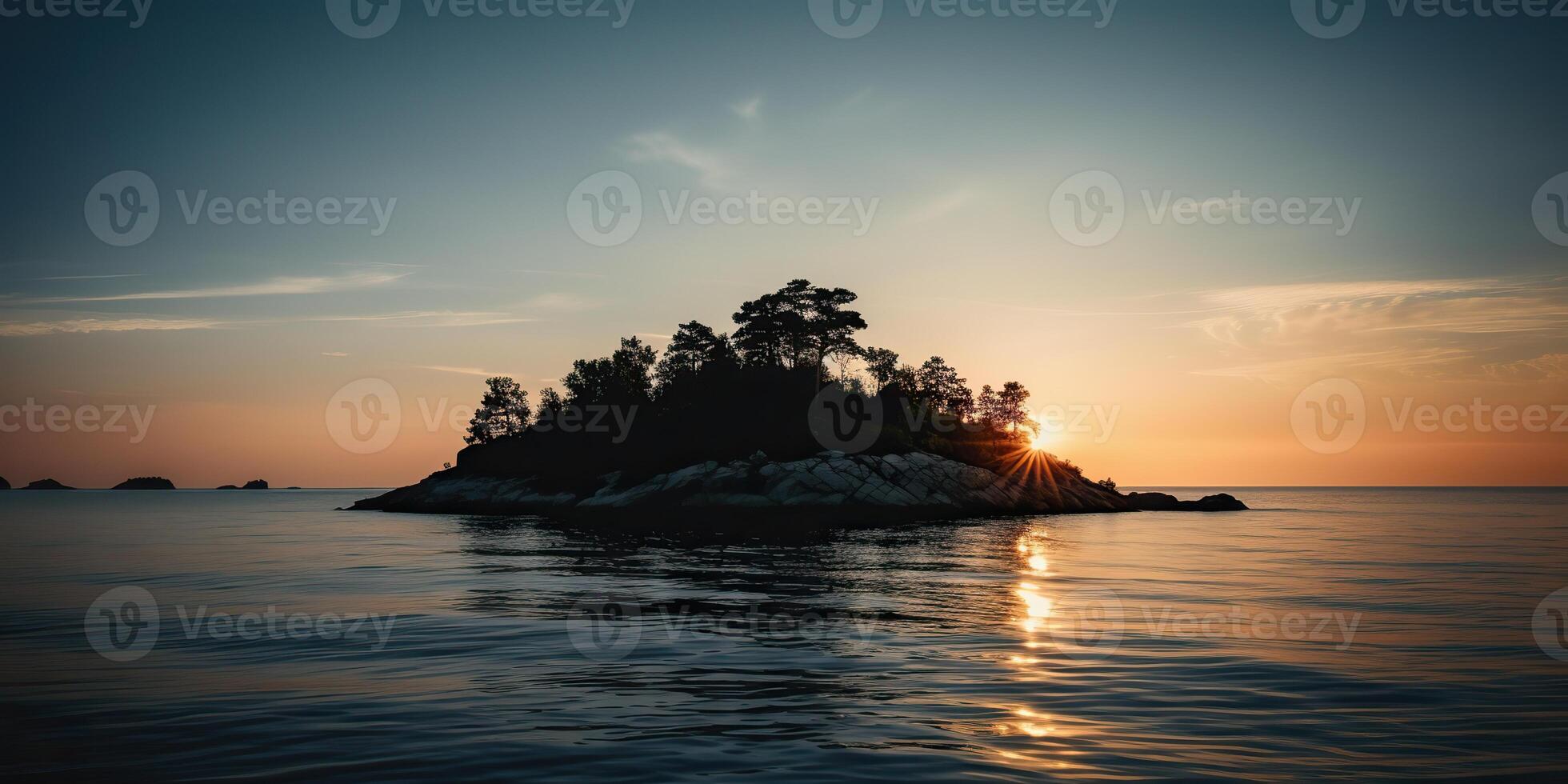 Island in the middle of the sea ocean lake with many trees. Relaxing sunset background scene view photo
