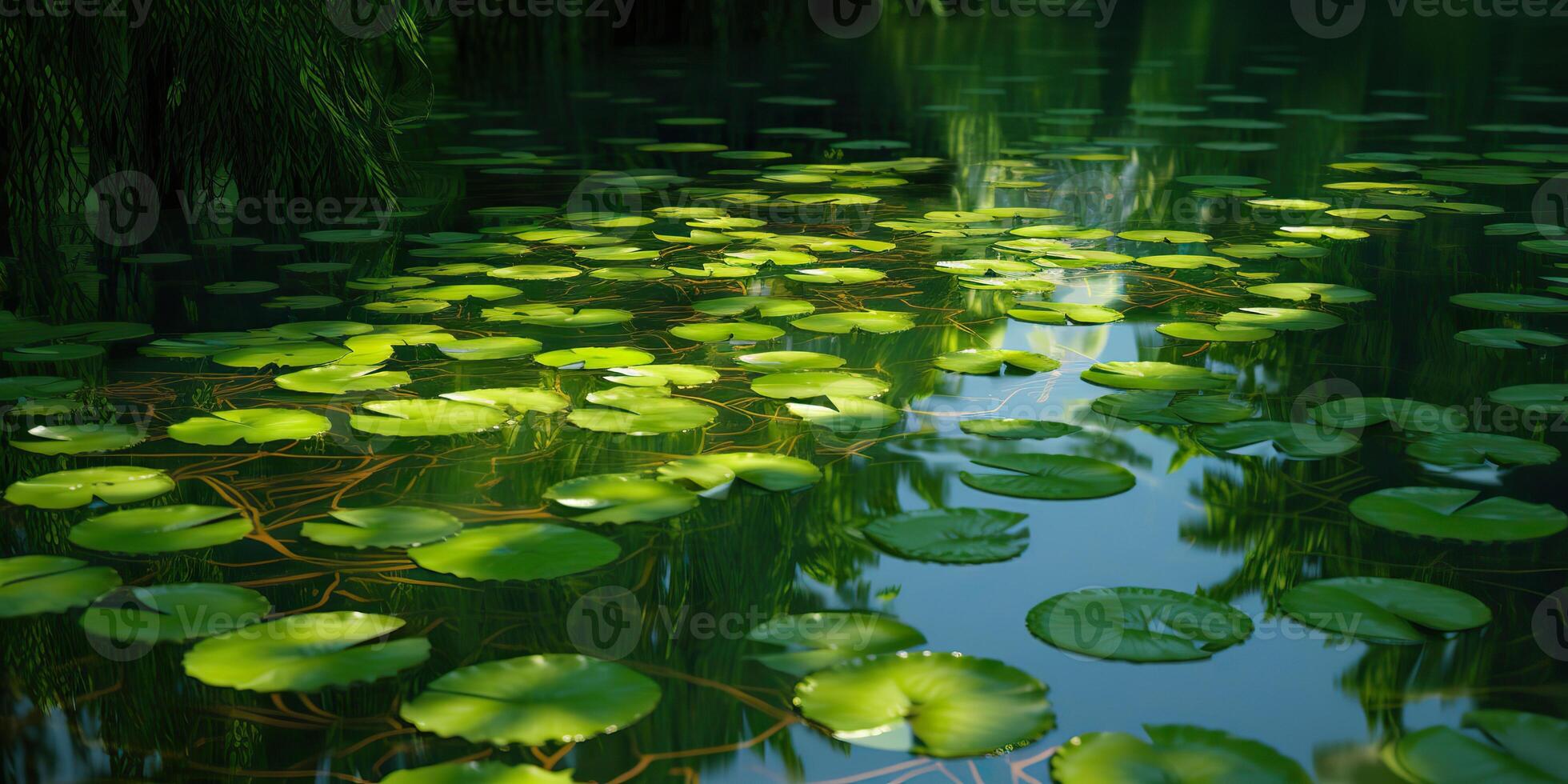 Green leaves on pond river lake landscaoe background view photo