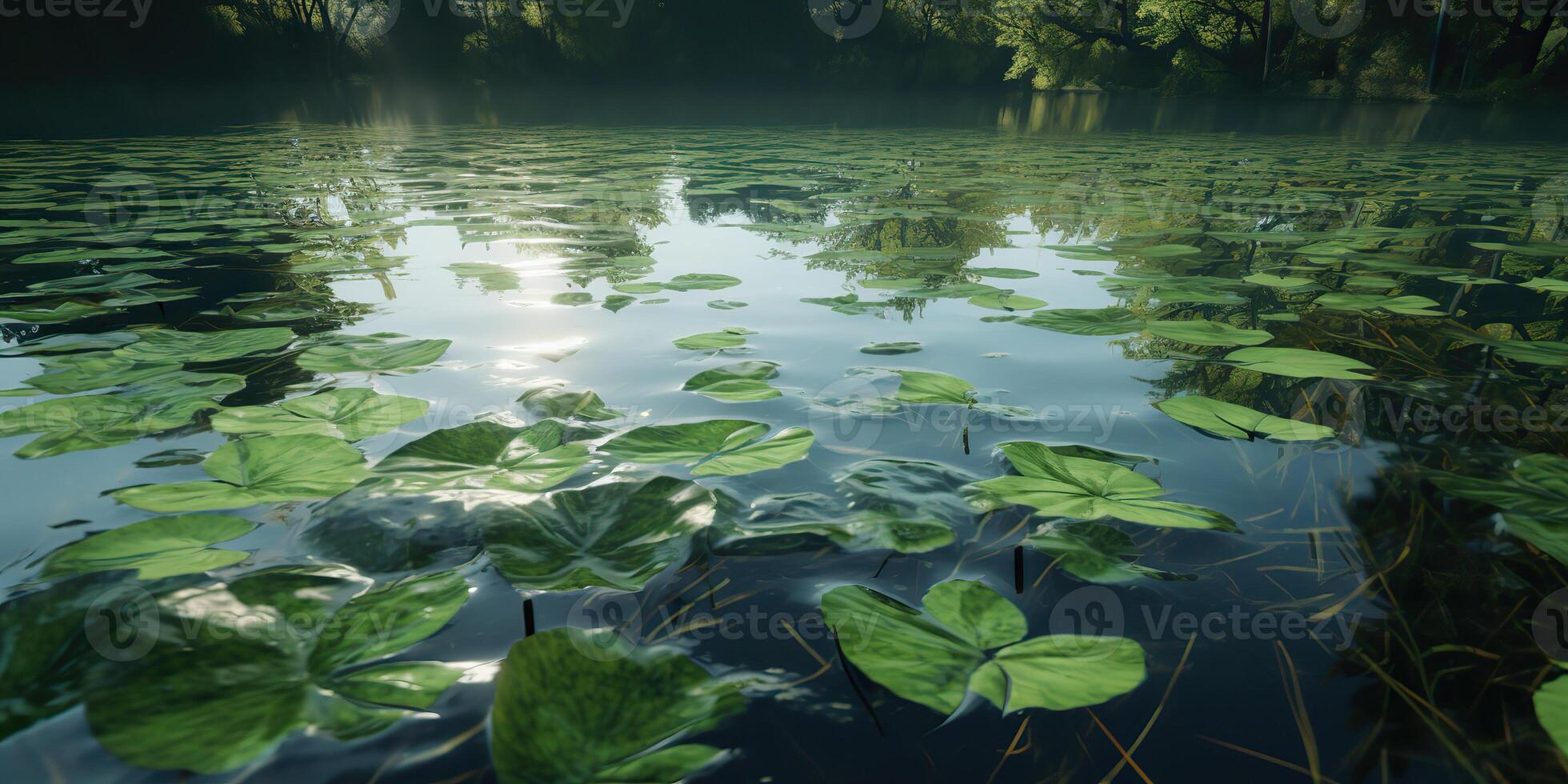 Green leaves on pond river lake landscaoe background view photo