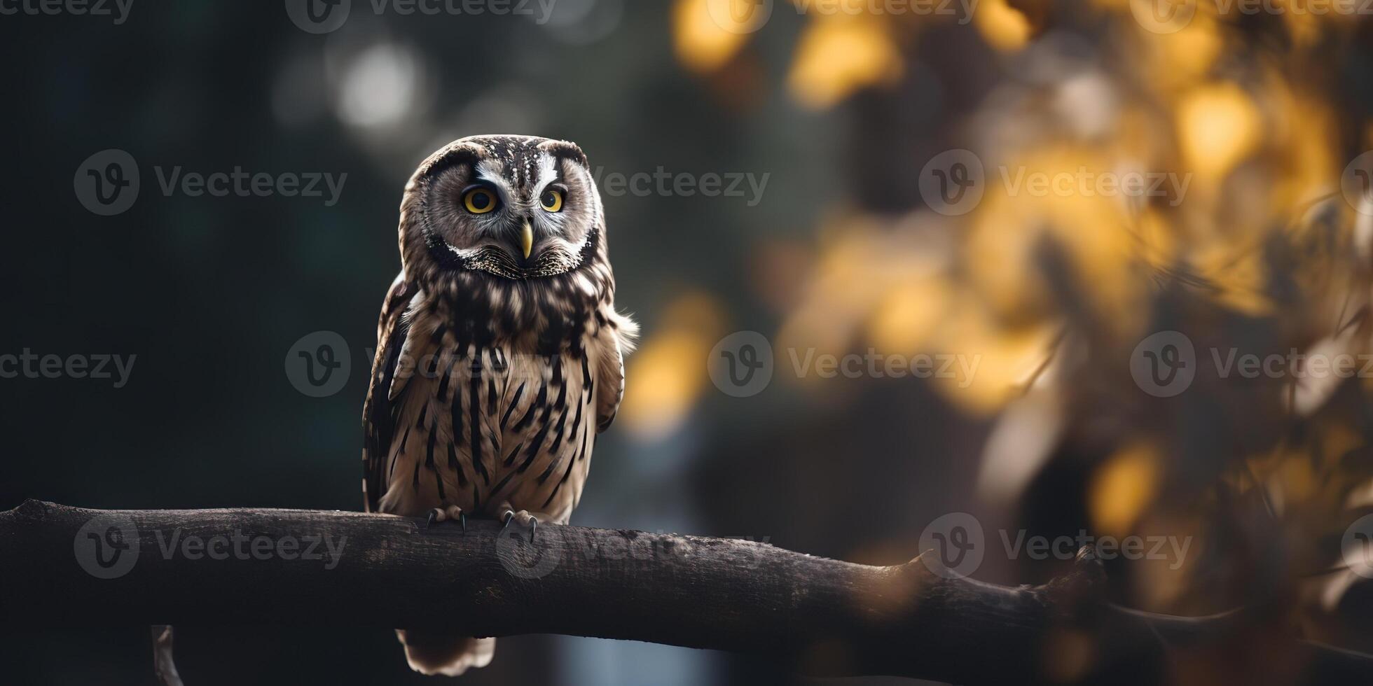 Owl bird sitting on a banch tree. Wil life nature outdoor forest background landscape scene photo