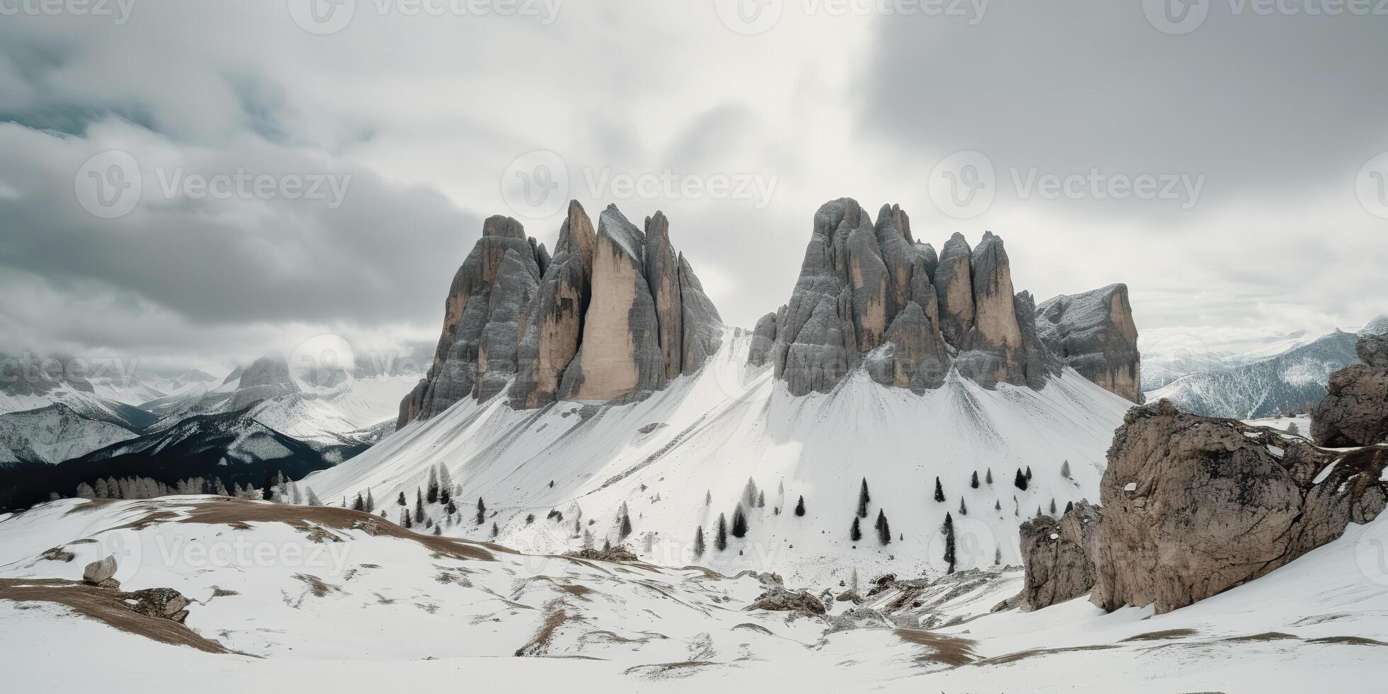 Cloud day rock hill mountain rock peak with snow at winter. Adventure expedition travel hiking scene view photo