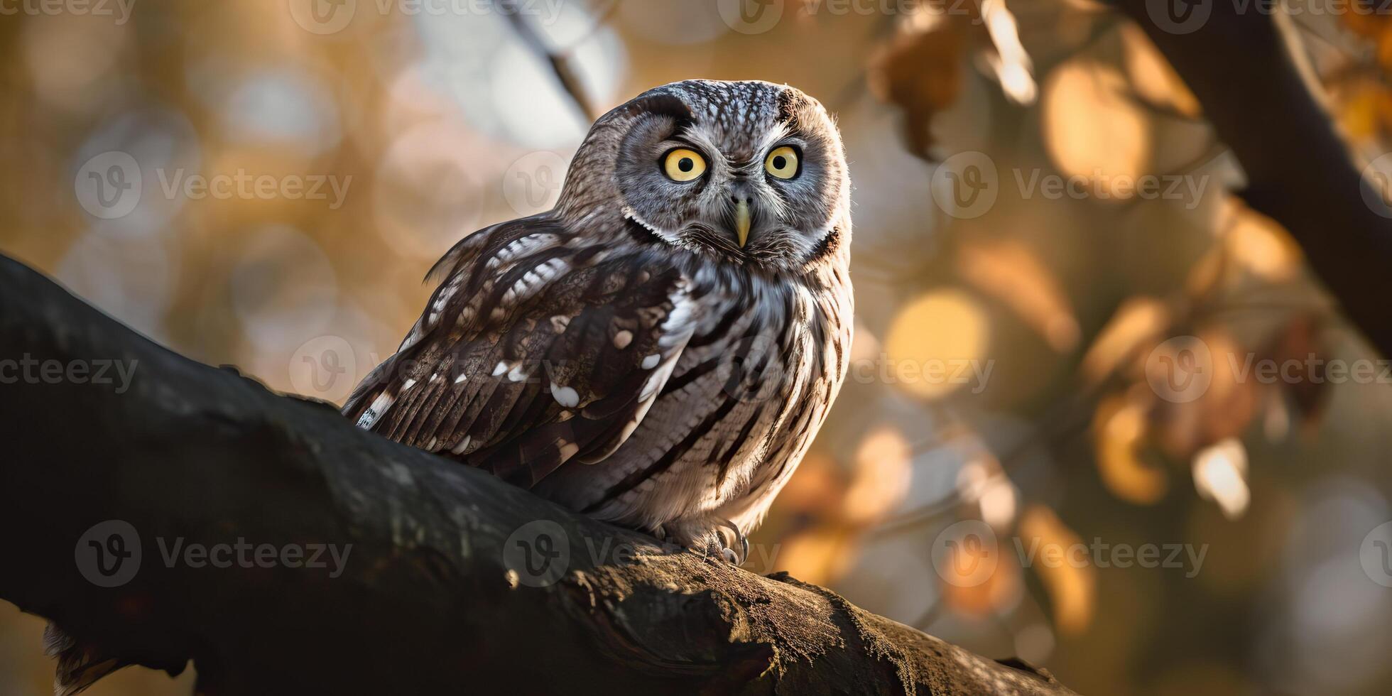 Owl bird sitting on a banch tree. Wil life nature outdoor forest background landscape scene photo