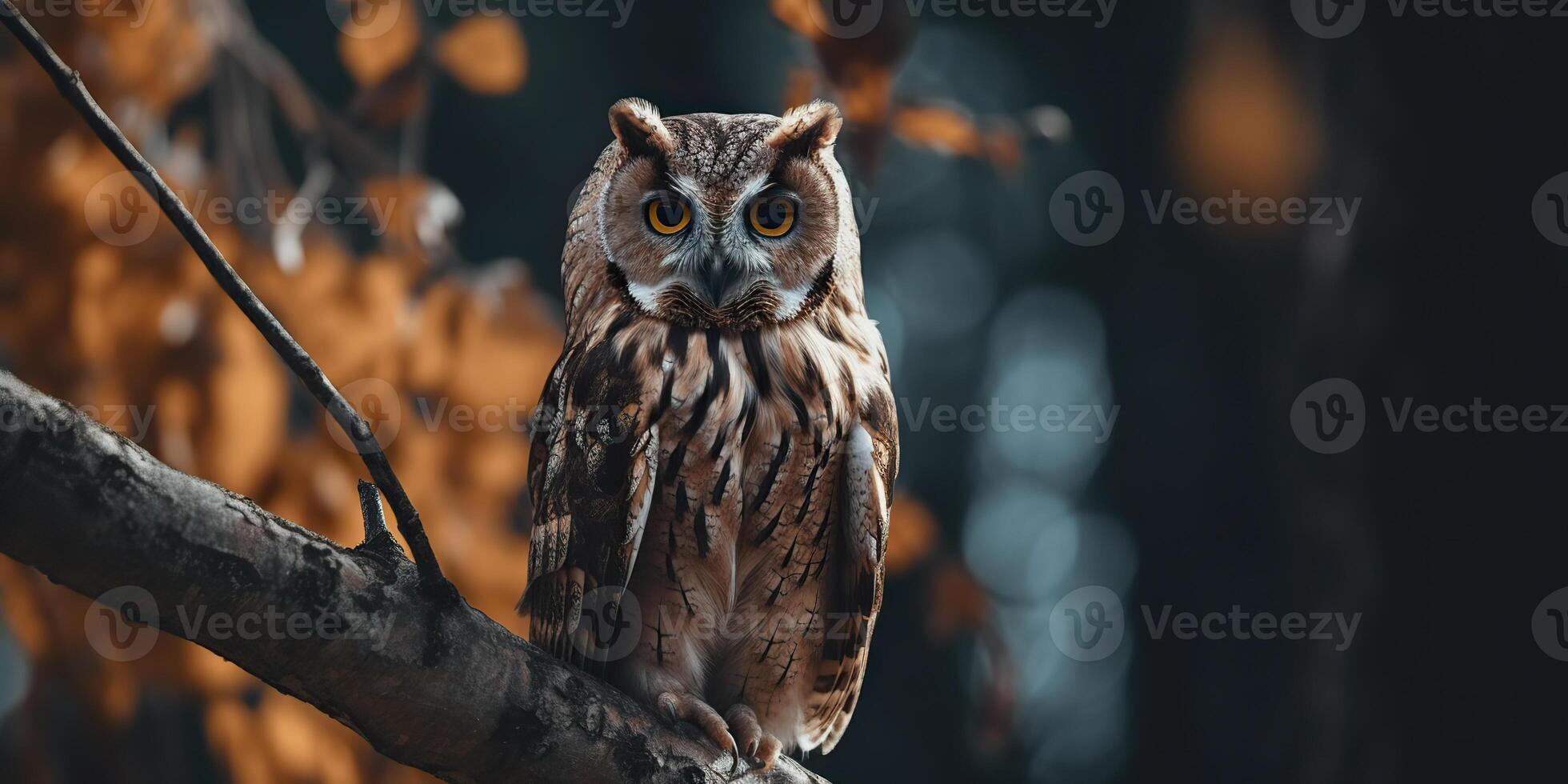 Owl bird sitting on a banch tree. Wil life nature outdoor forest background landscape scene photo