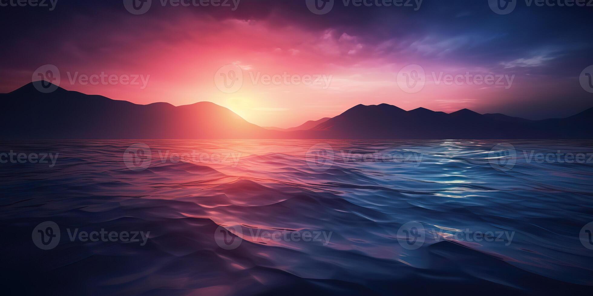 Nature outdoor sunset over lake sea with mountains hills landscape bacgkround, Pink blur out of focus view photo