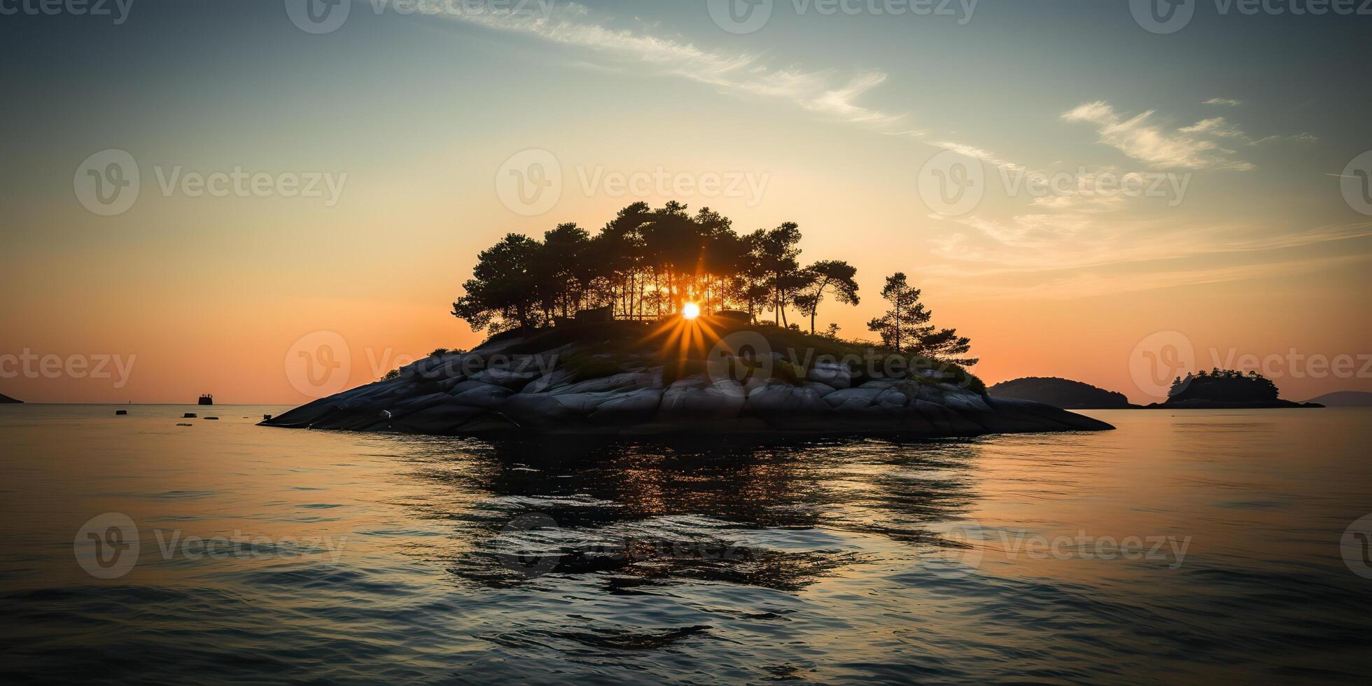 Island in the middle of the sea ocean lake with many trees. Relaxing sunset background scene view photo