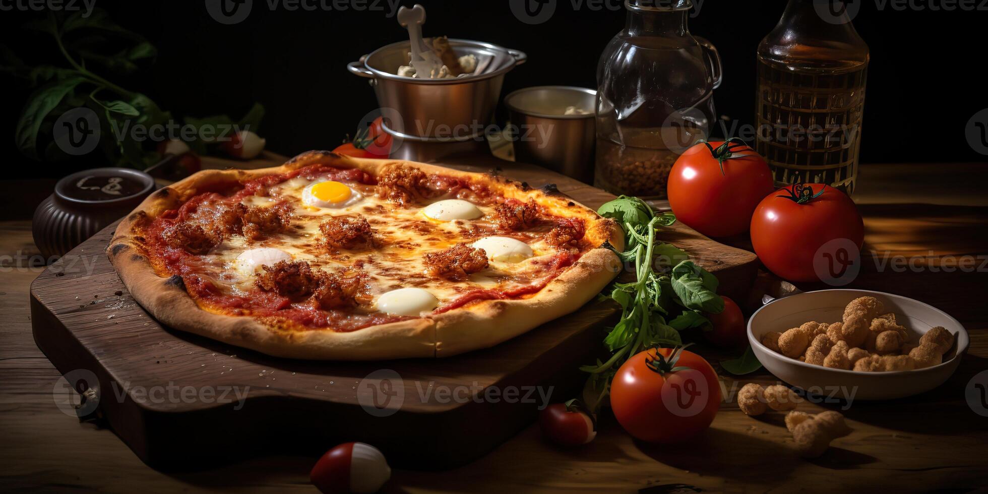 Fresh baked tasty pizza with meat and vegetables and herbs on dinner table. Meal food restaurant background scene photo