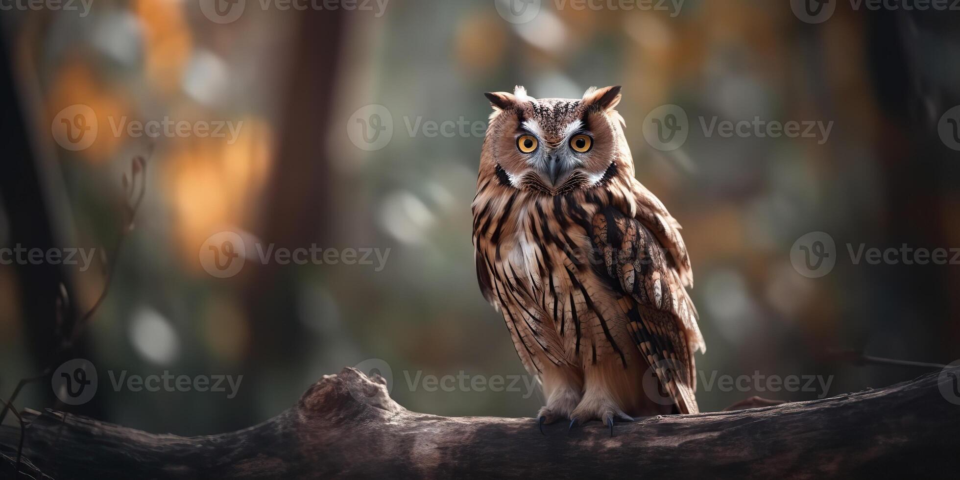 Owl bird sitting on a banch tree. Wil life nature outdoor forest background landscape scene photo