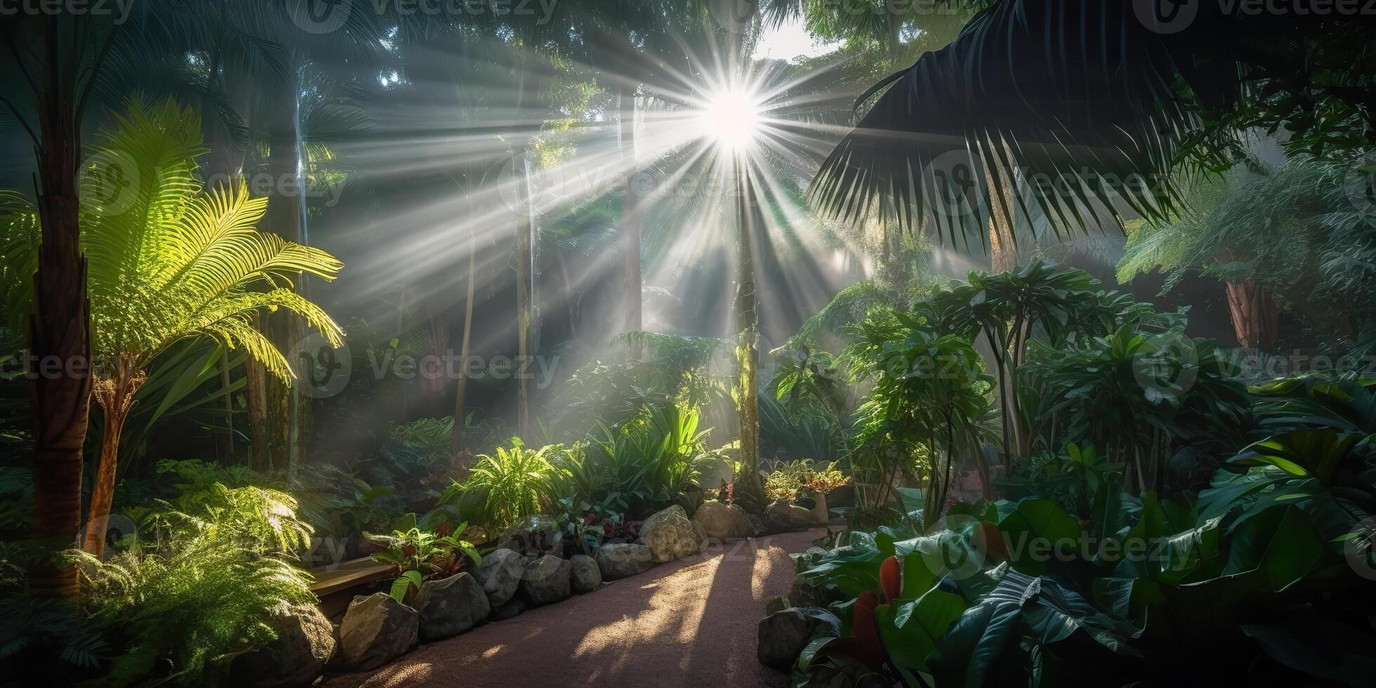 Tropical rain jungle deep forest with beab ray light shining. Nature outdoor adventure vibe scene background view photo