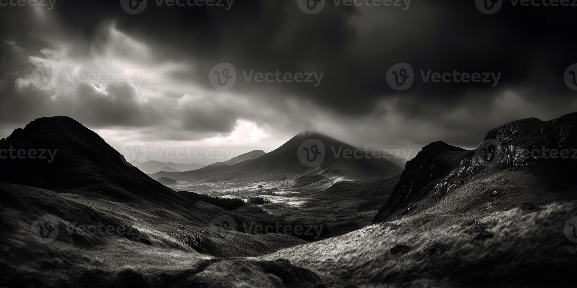 increíble negro y blanco fotografía de hermosa montañas y colinas con oscuro cielo paisaje antecedentes ver escena foto