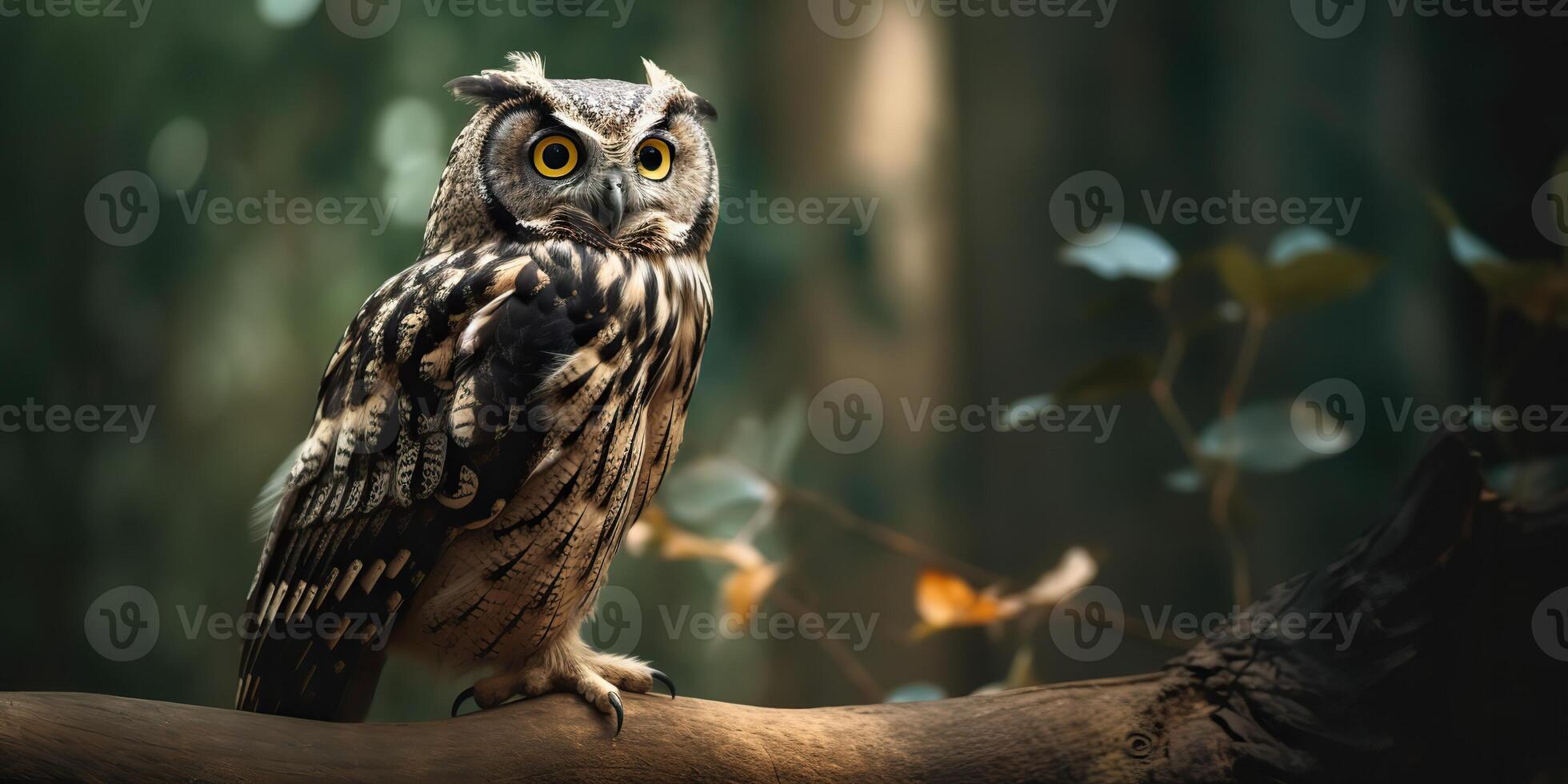 Owl bird sitting on a banch tree. Wil life nature outdoor forest background landscape scene photo