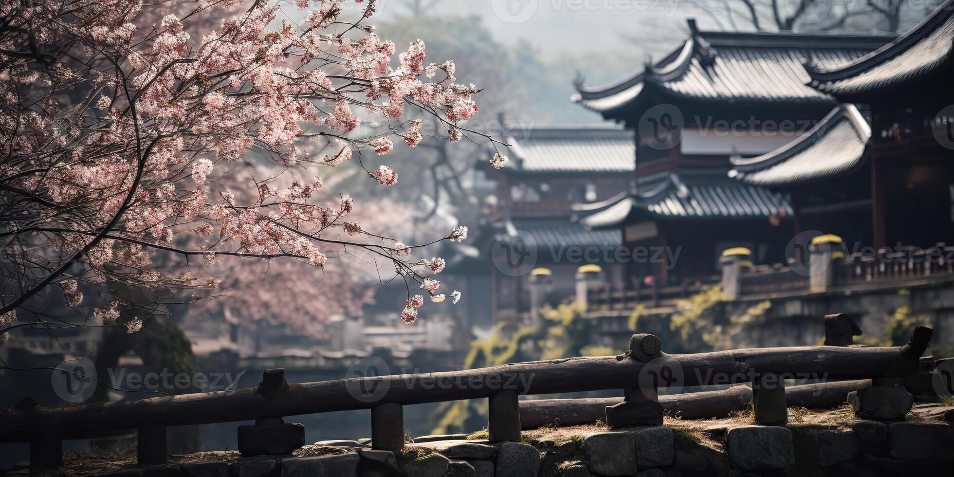 Ancient asian japanese chinese old vintage retro town city building temple with nature tree flowers photo