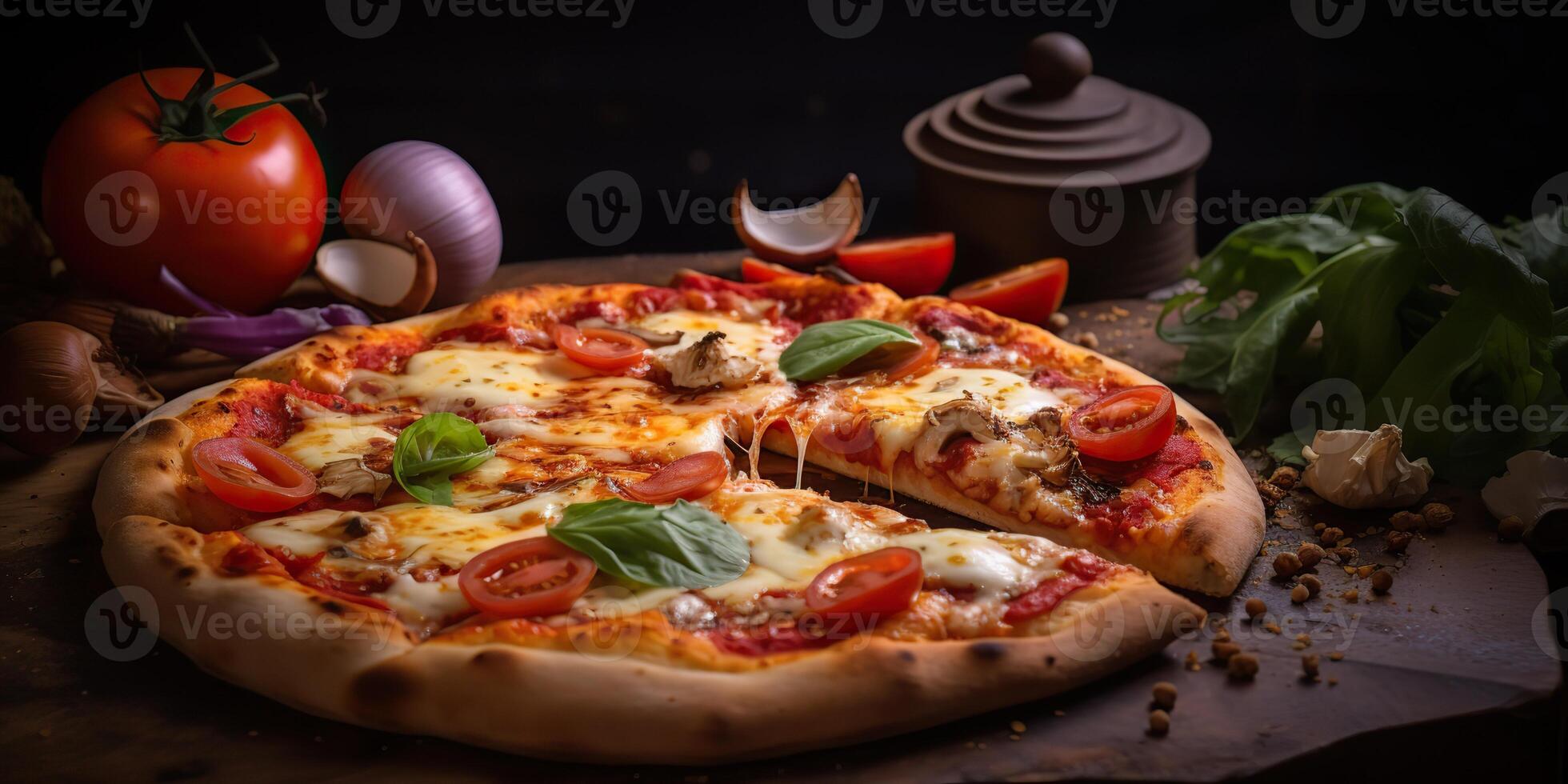 Fresh baked tasty pizza with meat and vegetables and herbs on dinner table. Meal food restaurant background scene photo