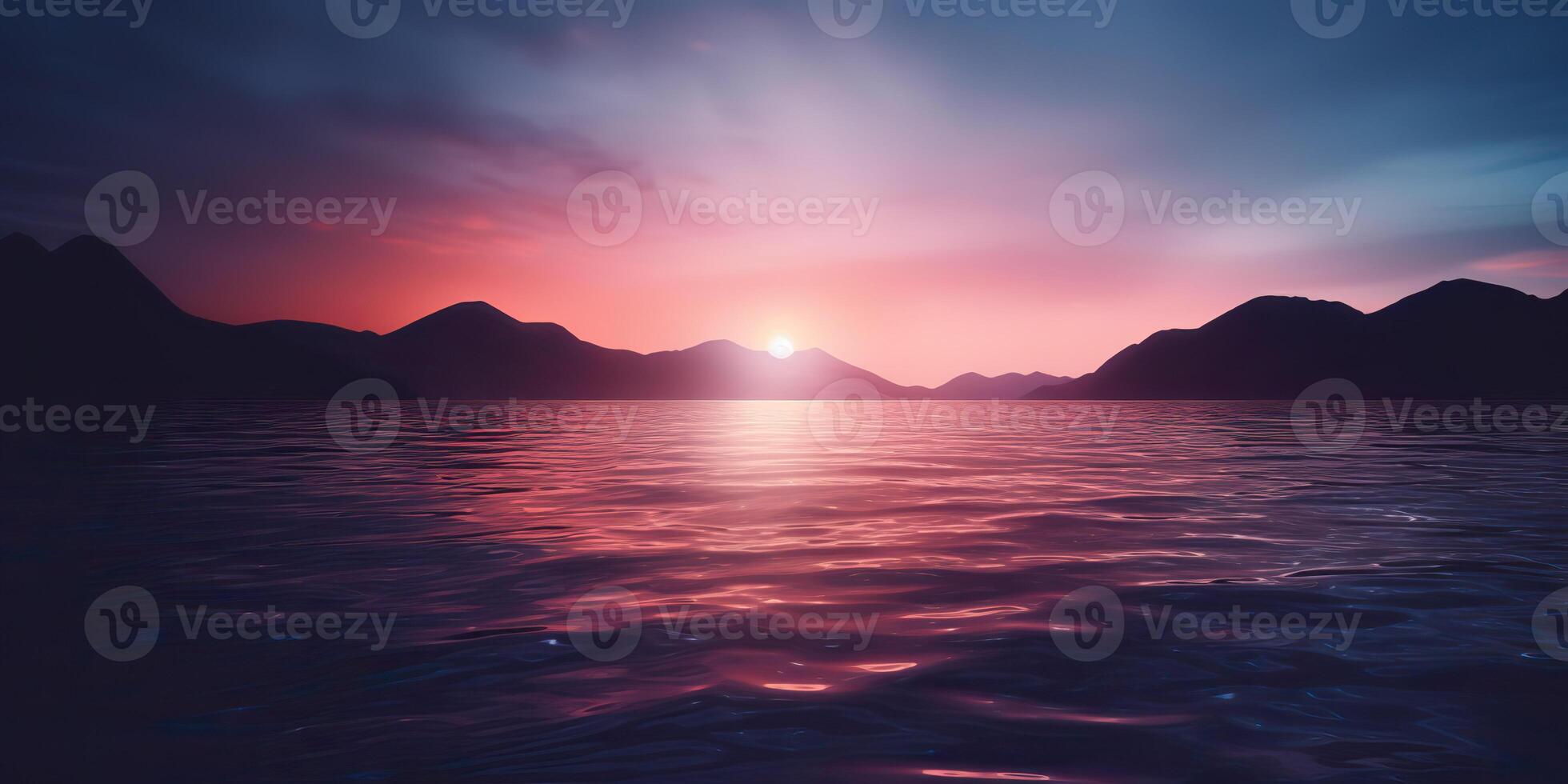 Nature outdoor sunset over lake sea with mountains hills landscape bacgkround, Pink blur out of focus view photo