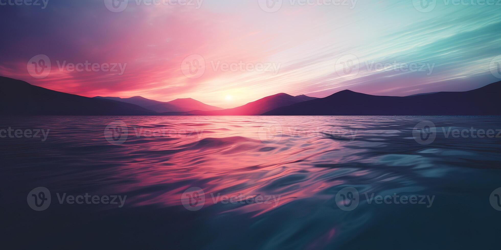 Nature outdoor sunset over lake sea with mountains hills landscape bacgkround, Pink blur out of focus view photo