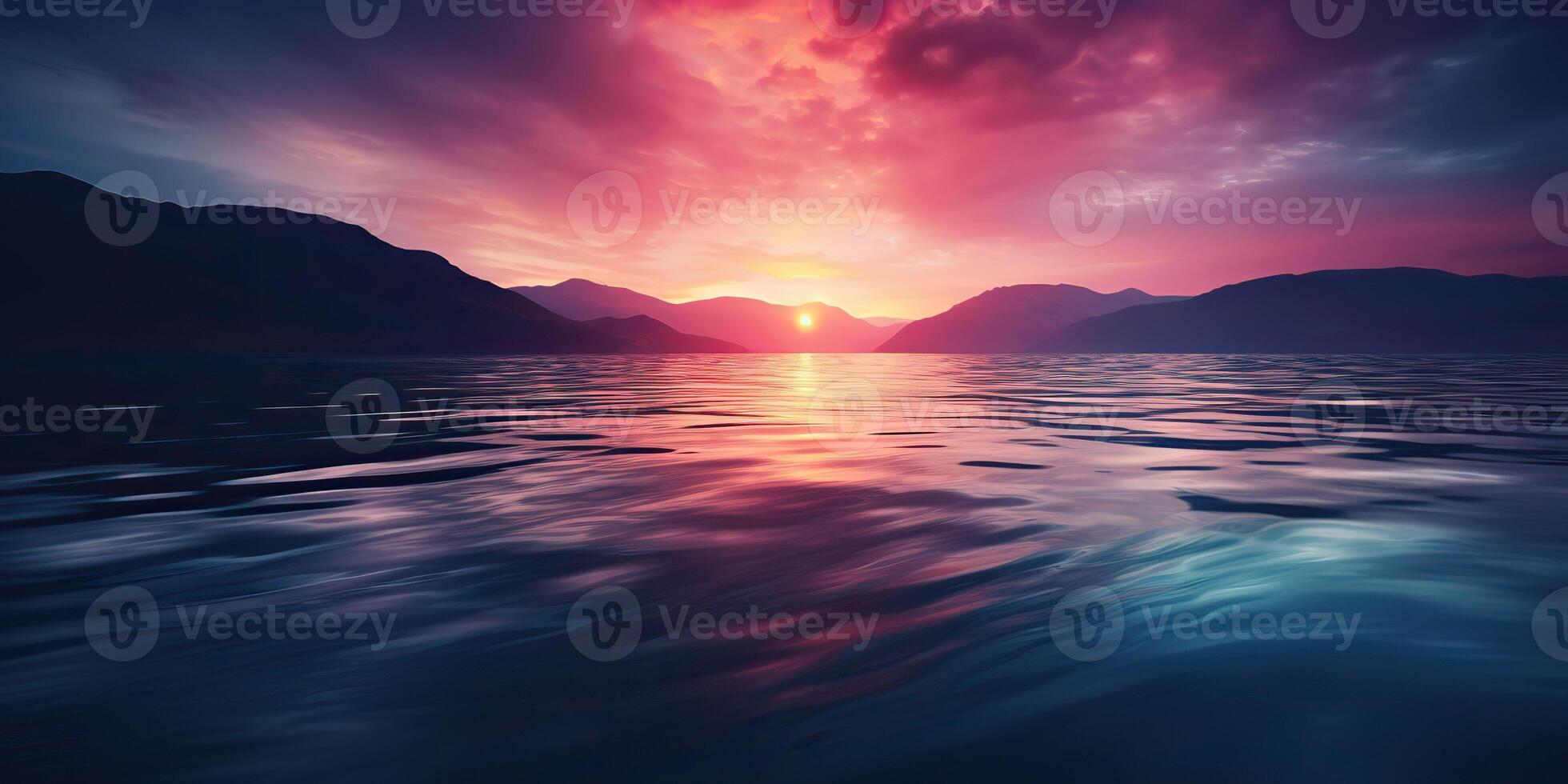 Nature outdoor sunset over lake sea with mountains hills landscape bacgkround, Pink blur out of focus view photo