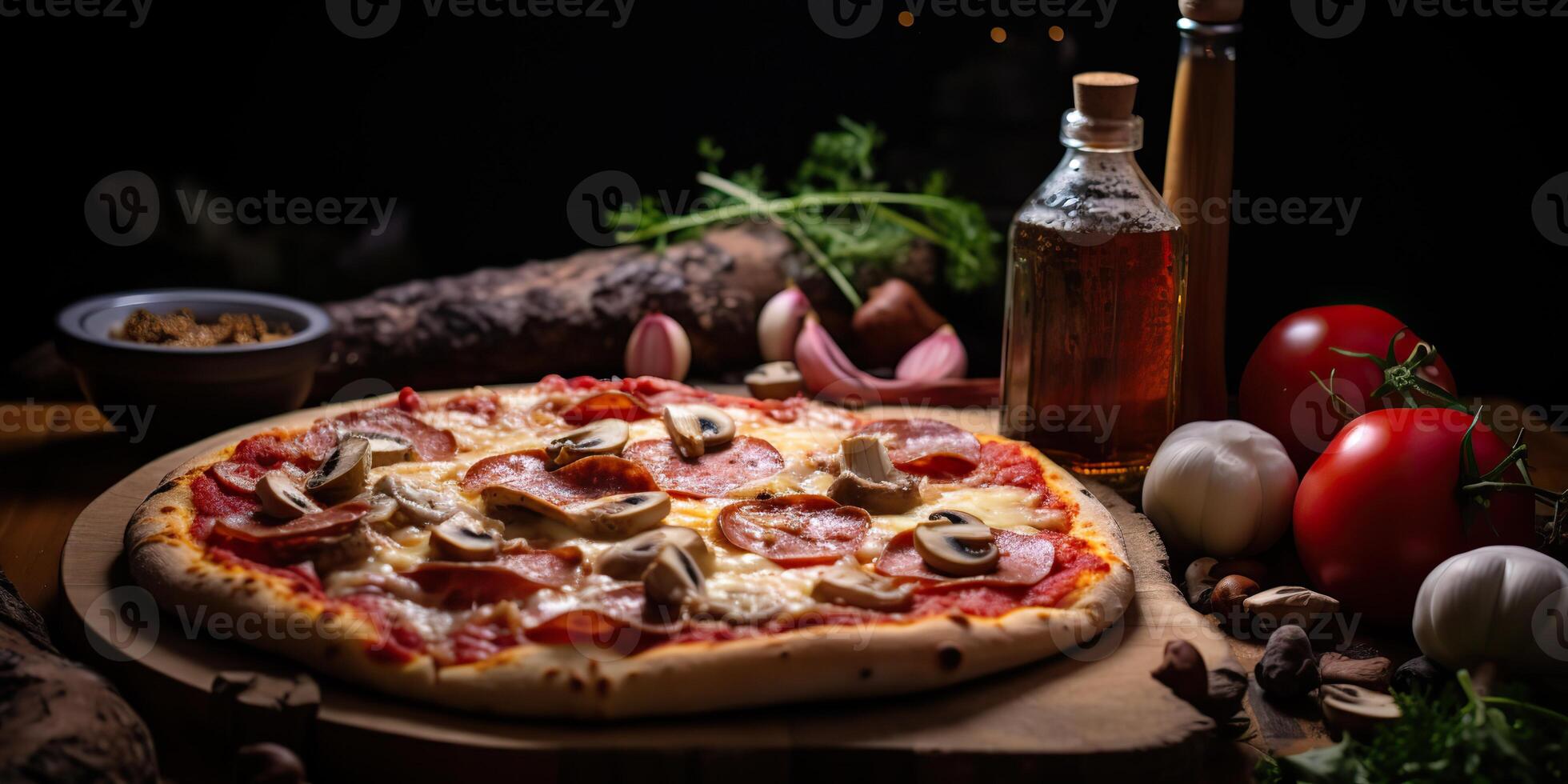 Fresh baked tasty pizza with meat and vegetables and herbs on dinner table. Meal food restaurant background scene photo