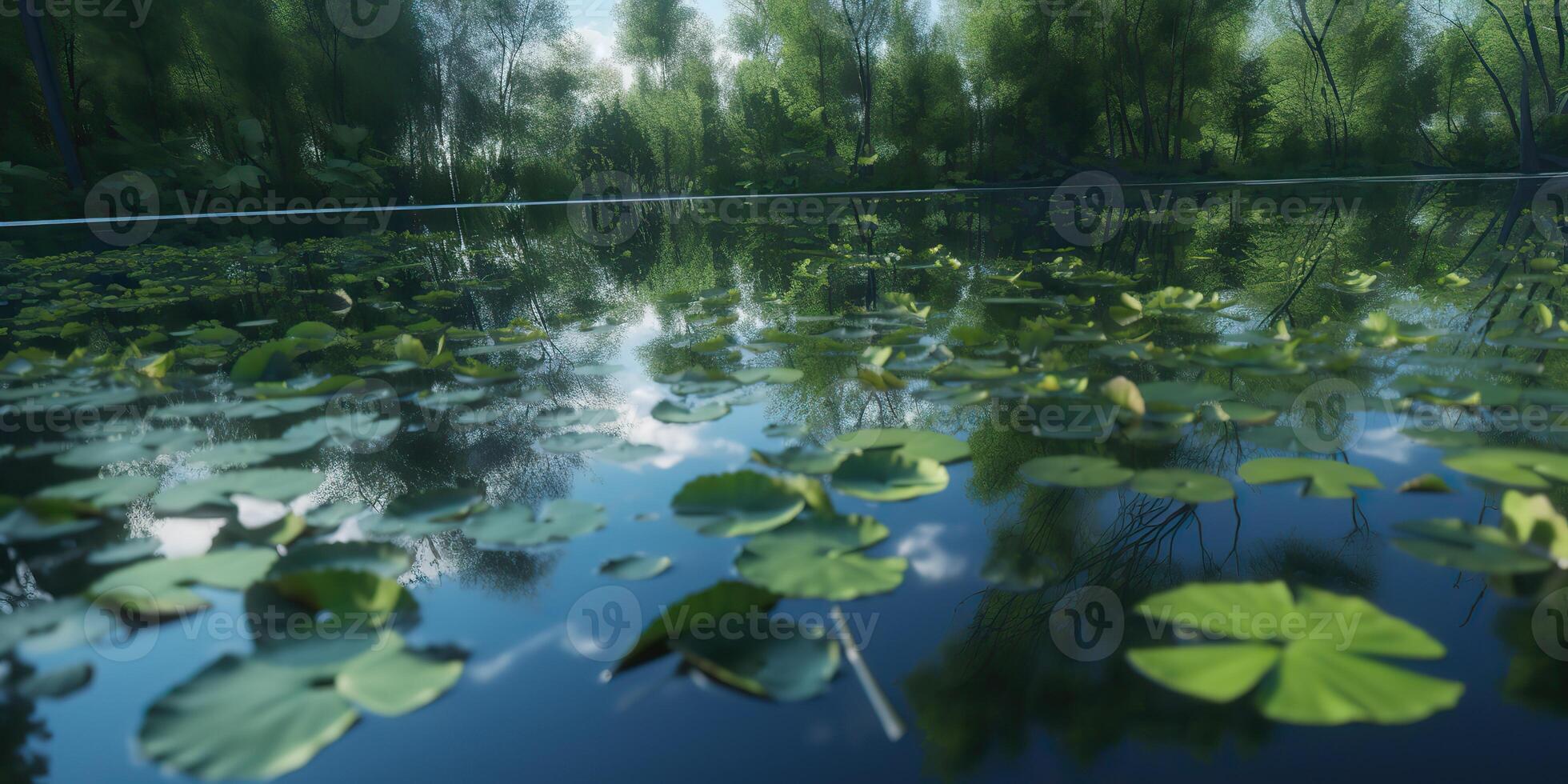 Green leaves on pond river lake landscaoe background view photo