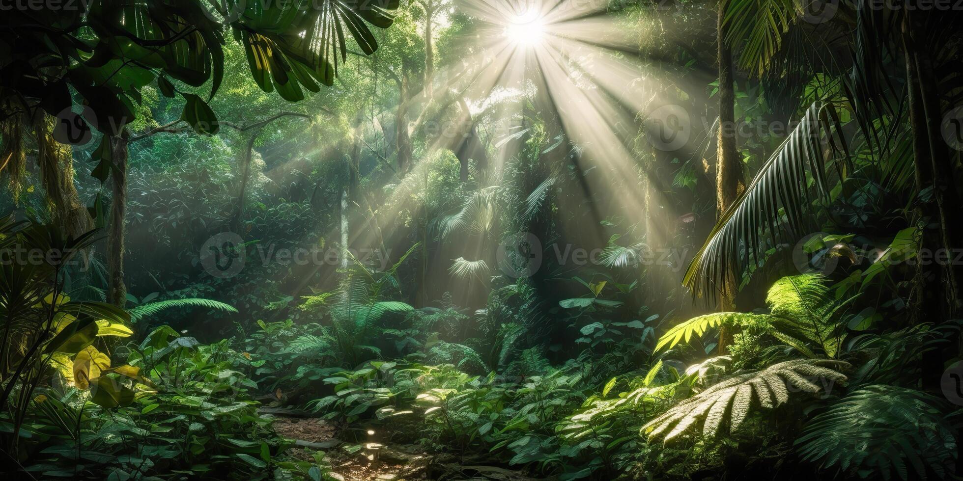 Tropical rain jungle deep forest with beab ray light shining. Nature outdoor adventure vibe scene background view photo