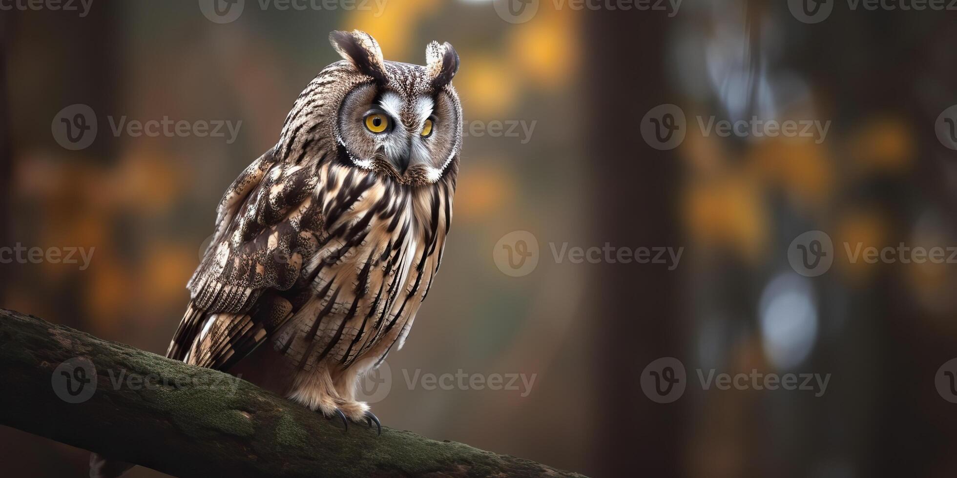 Owl bird sitting on a banch tree. Wil life nature outdoor forest background landscape scene photo