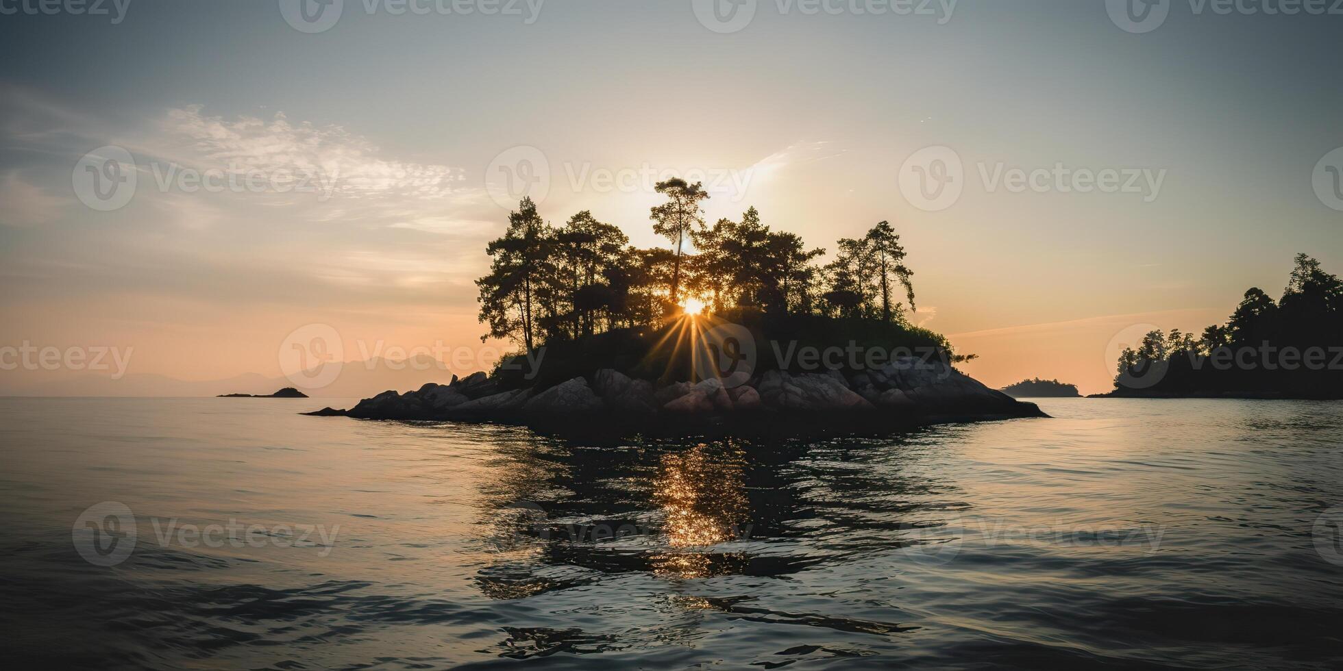 Island in the middle of the sea ocean lake with many trees. Relaxing sunset background scene view photo