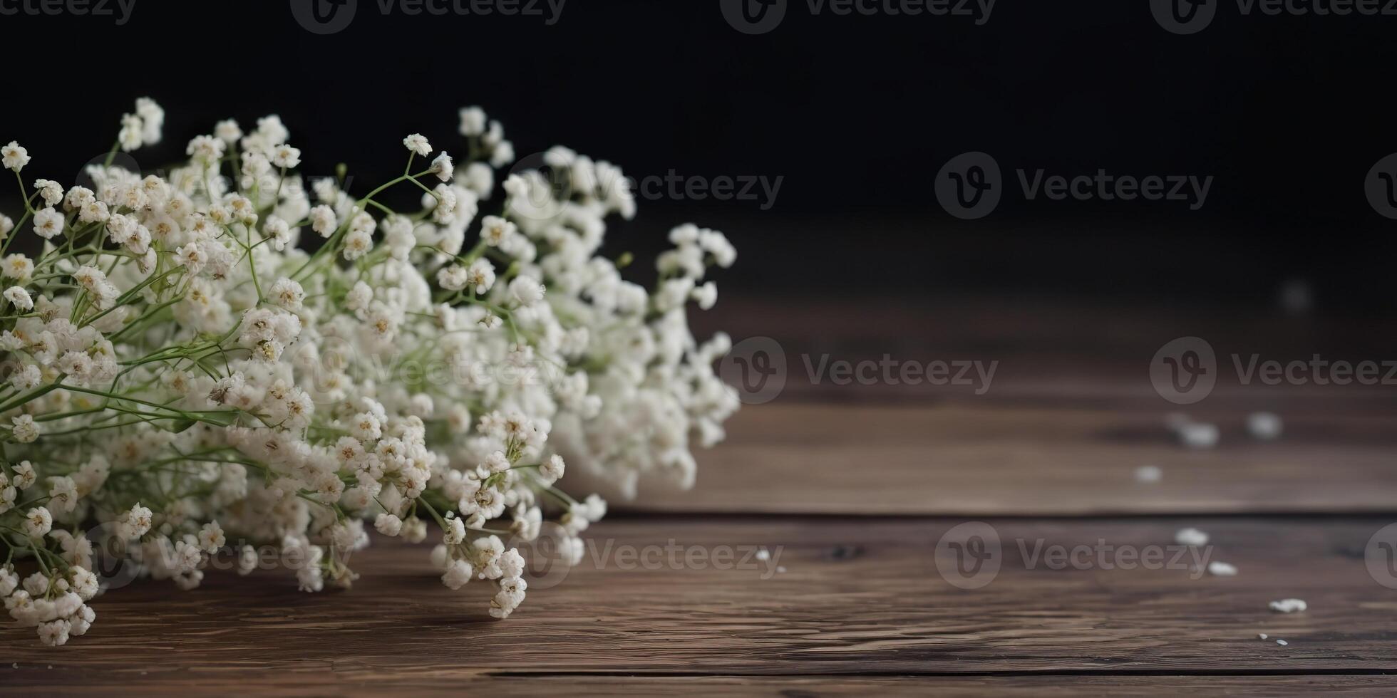 Small white flowers gypsophila on wood table scene. Decorative romantic elegance mock up background photo