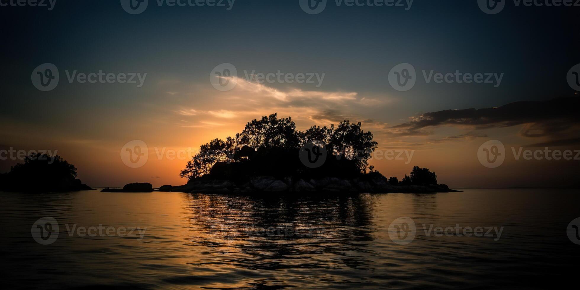 Island in the middle of the sea ocean lake with many trees. Relaxing sunset background scene view photo