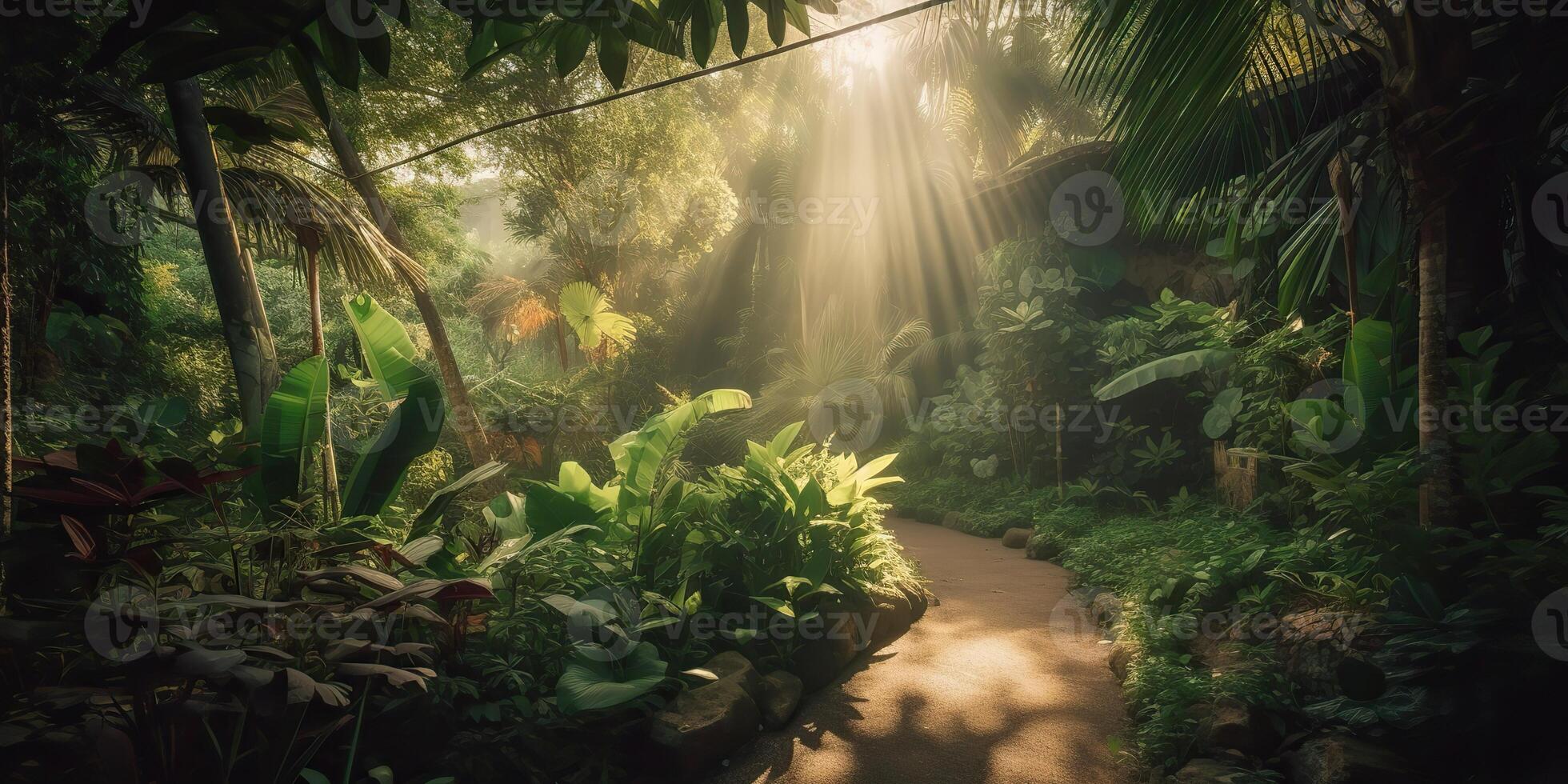 Tropical rain jungle deep forest with beab ray light shining. Nature outdoor adventure vibe scene background view photo