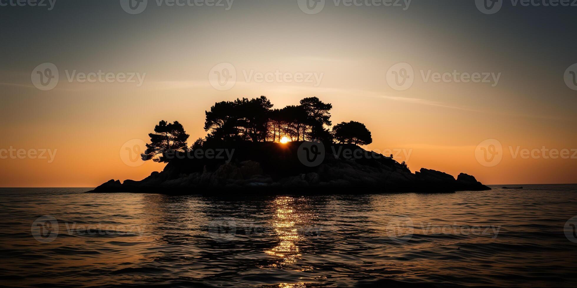Island in the middle of the sea ocean lake with many trees. Relaxing sunset background scene view photo